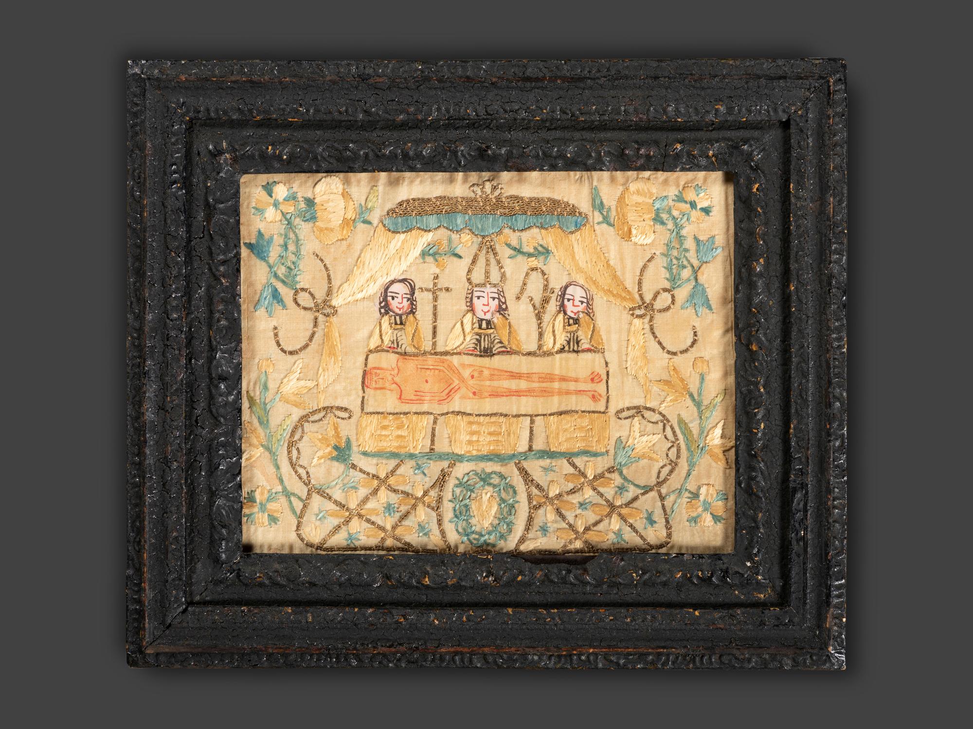 An English or Continental Painted and Embroidered Silk Religious Needlework Picture