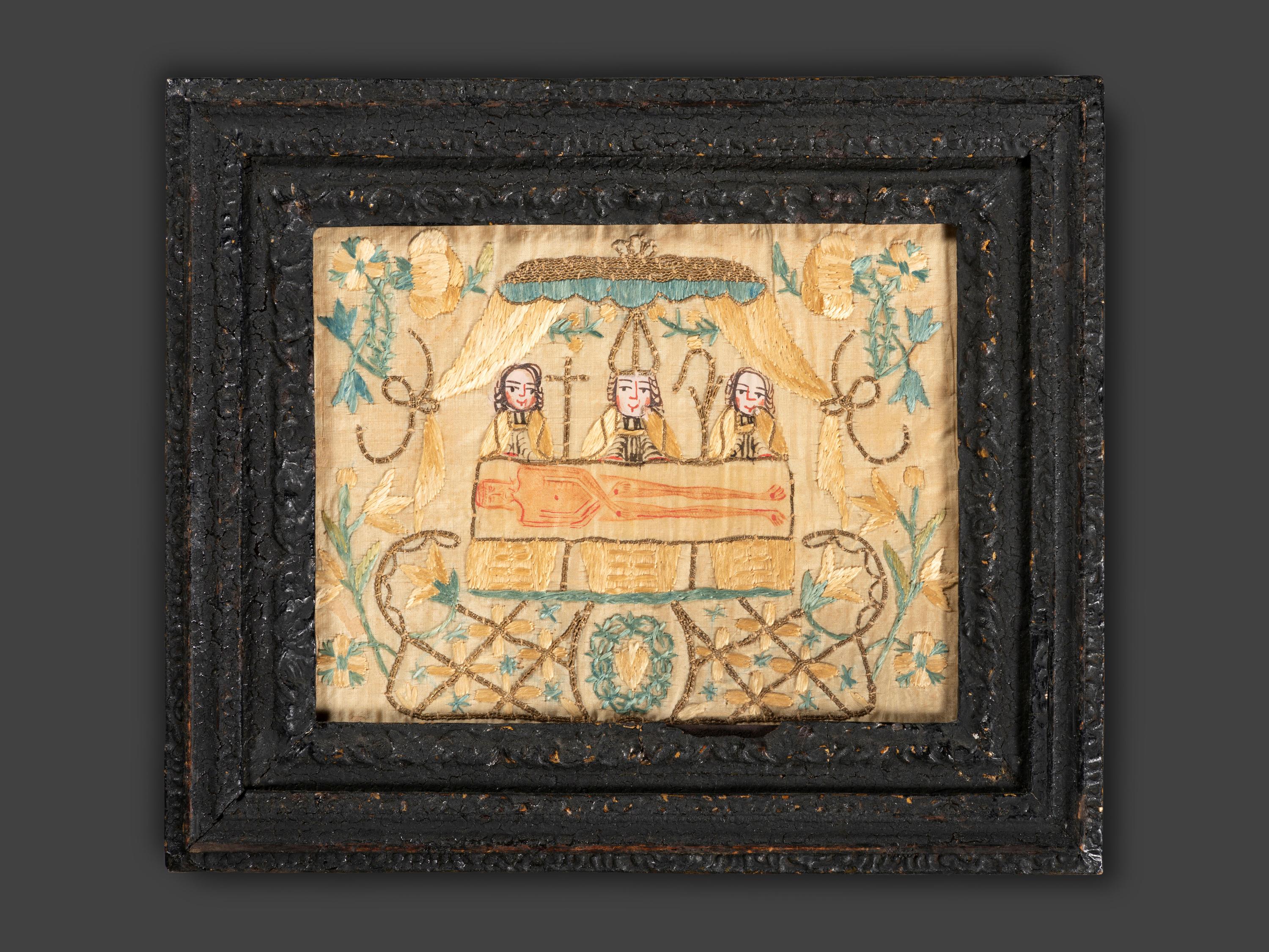 An English or Continental Painted and Embroidered Silk Religious Needlework Picture