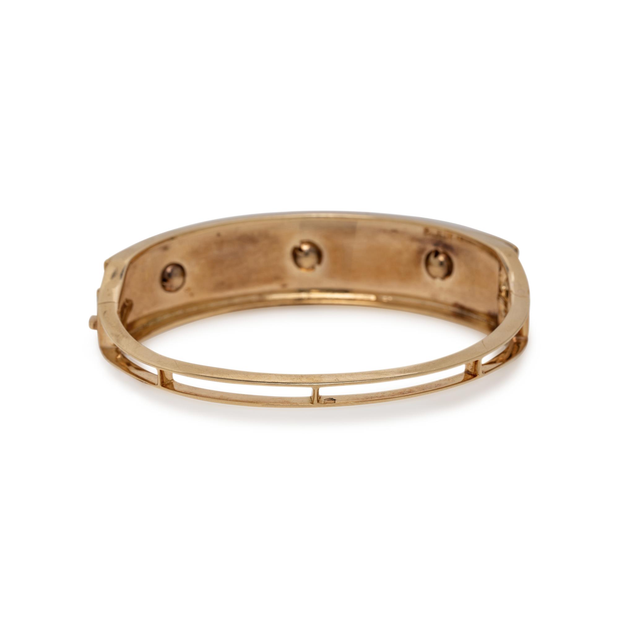 YELLOW GOLD, DIAMOND, AND CULTURED PEARL BANGLE BRACELET