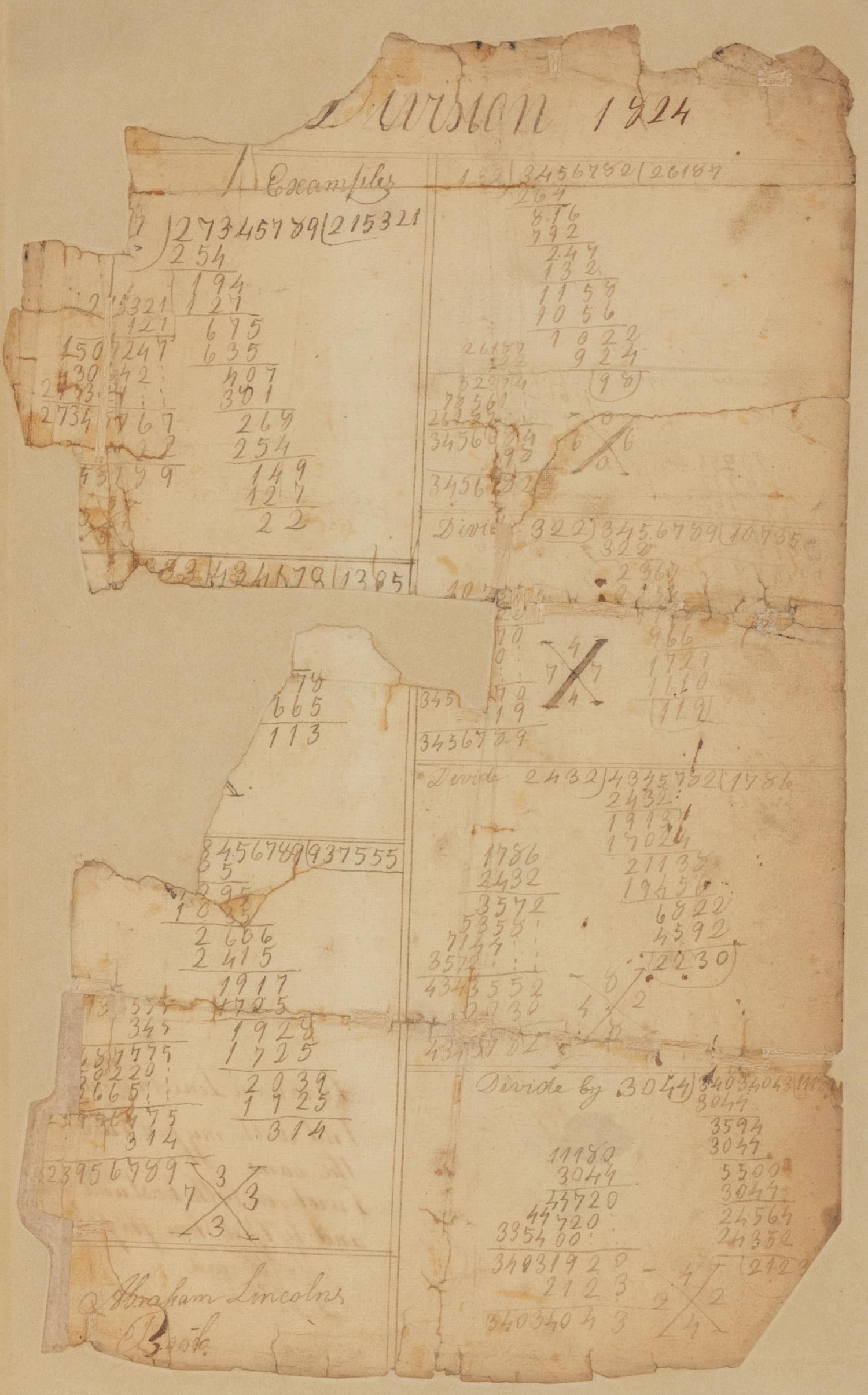 LINCOLN, Abraham (1809-1865). Autograph sum book leaf signed twice ("Abraham Lincoln"). Pigeon Creek, Spencer County, Indiana, ca. 1824.