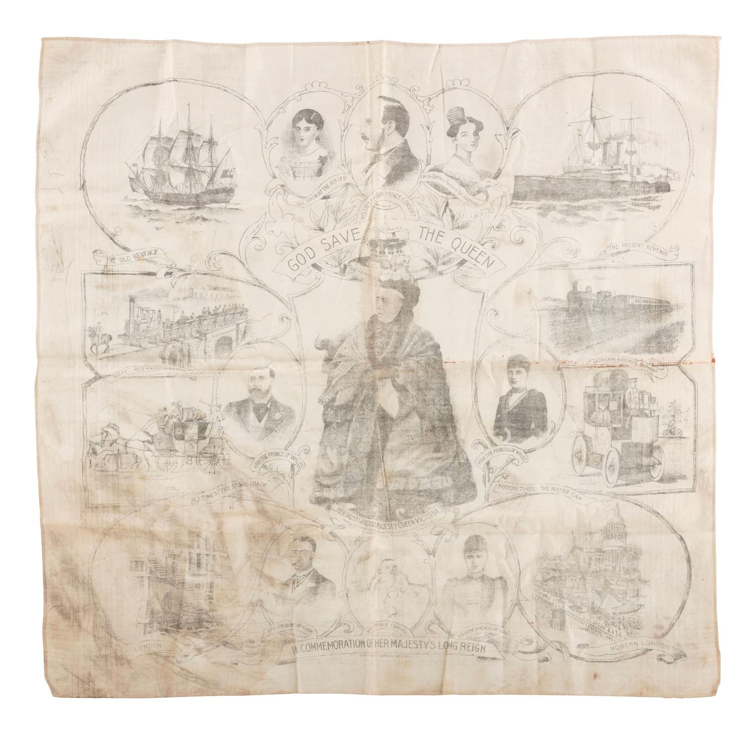 [ROYALTY]. Poster and textiles celebrating Queen Victoria and her son, Edward VII, comprising: