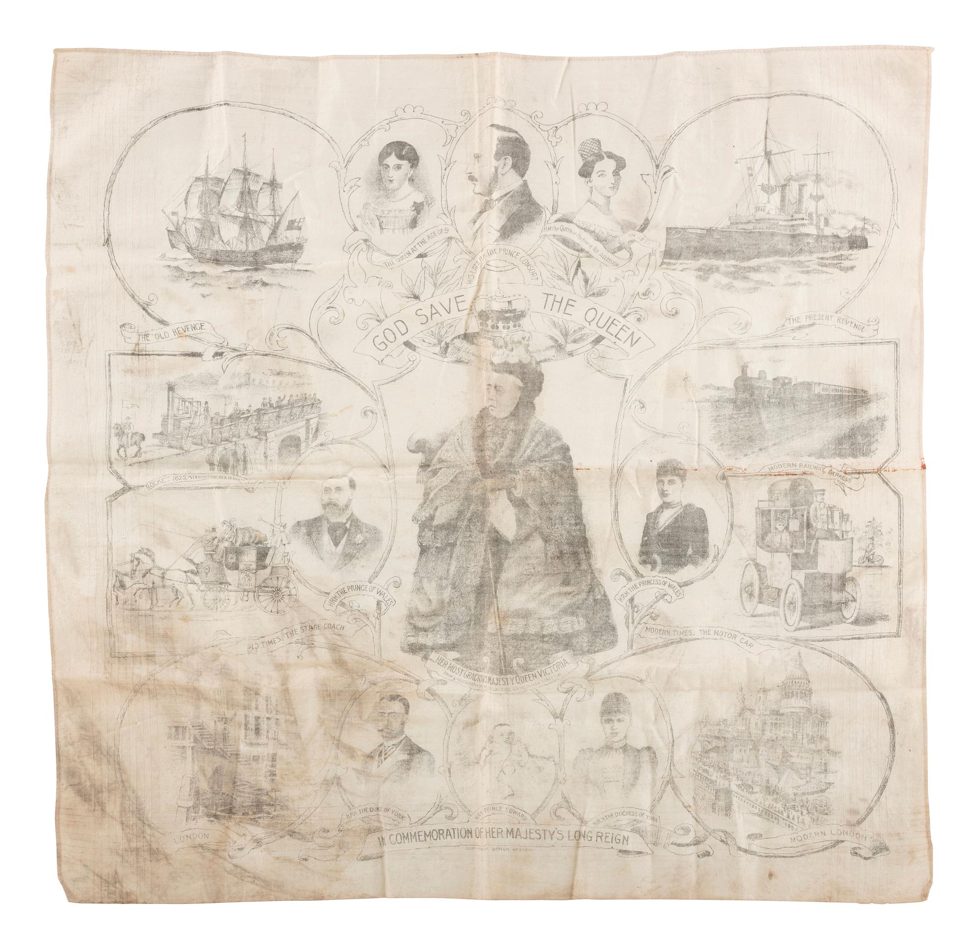 [ROYALTY]. Poster and textiles celebrating Queen Victoria and her son, Edward VII, comprising: