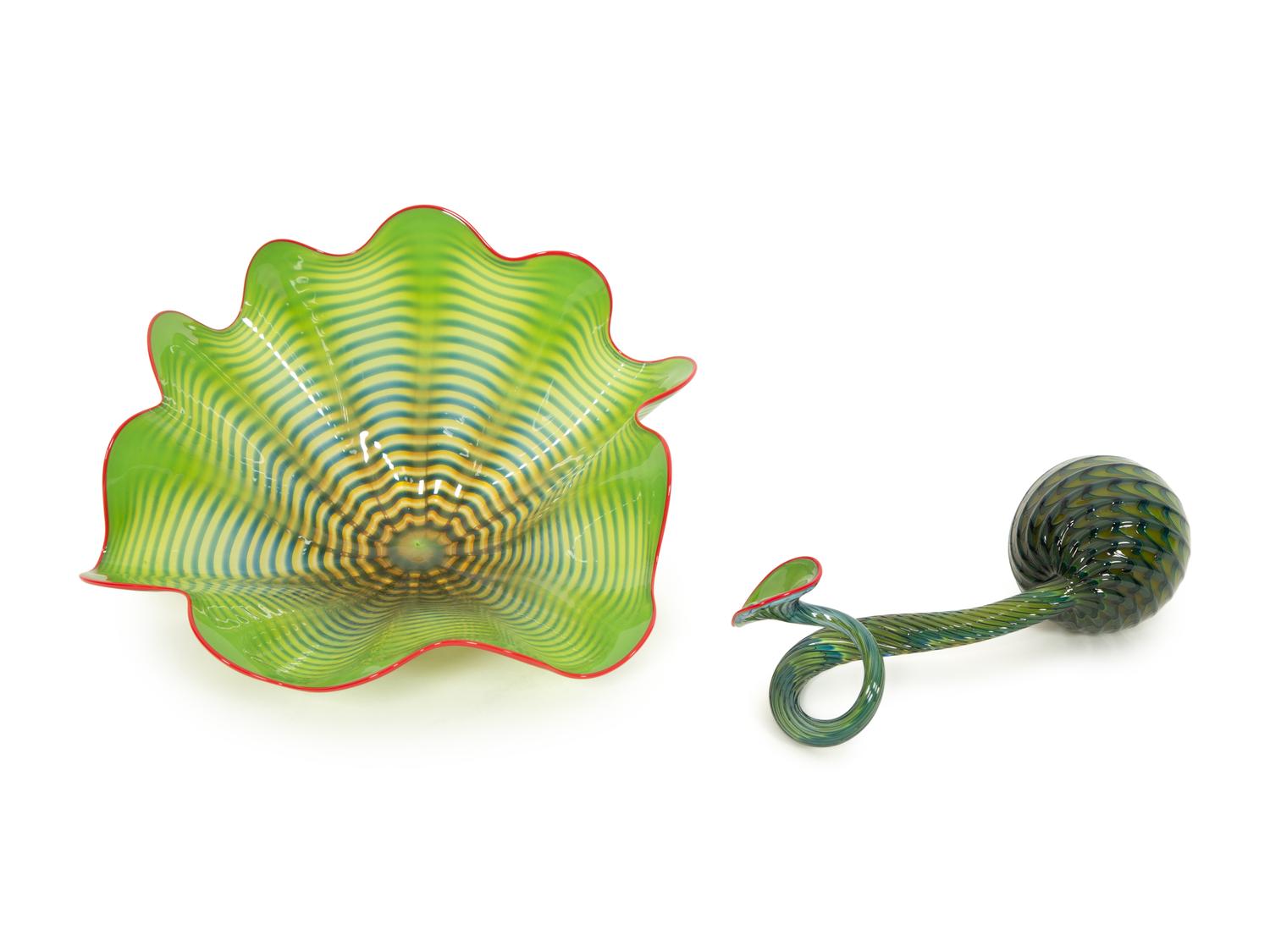Two-Piece Persian Glass Set in Parrot Green with Red Lip