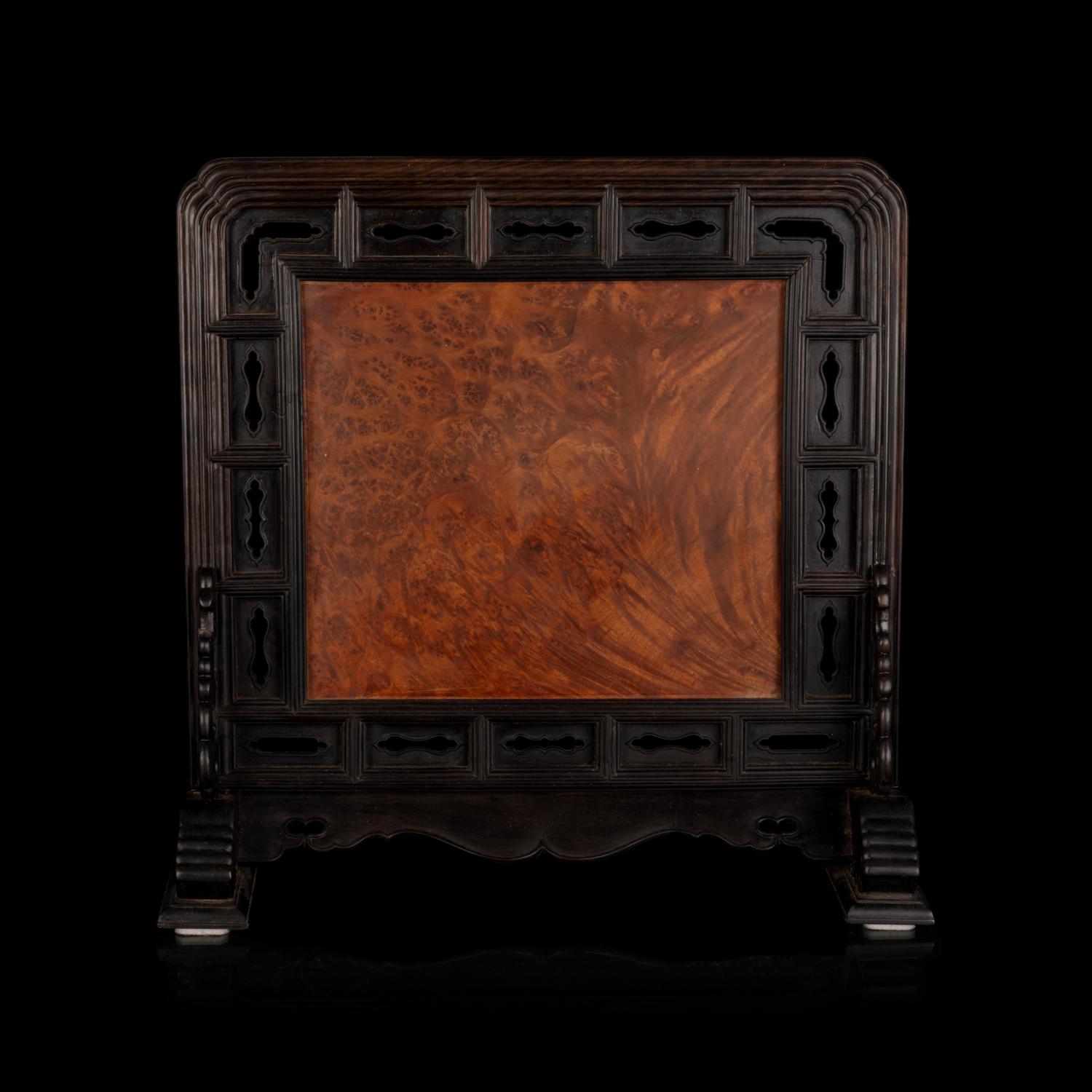 A Chinese Burlwood Inset Jade Inlaid Table Screen