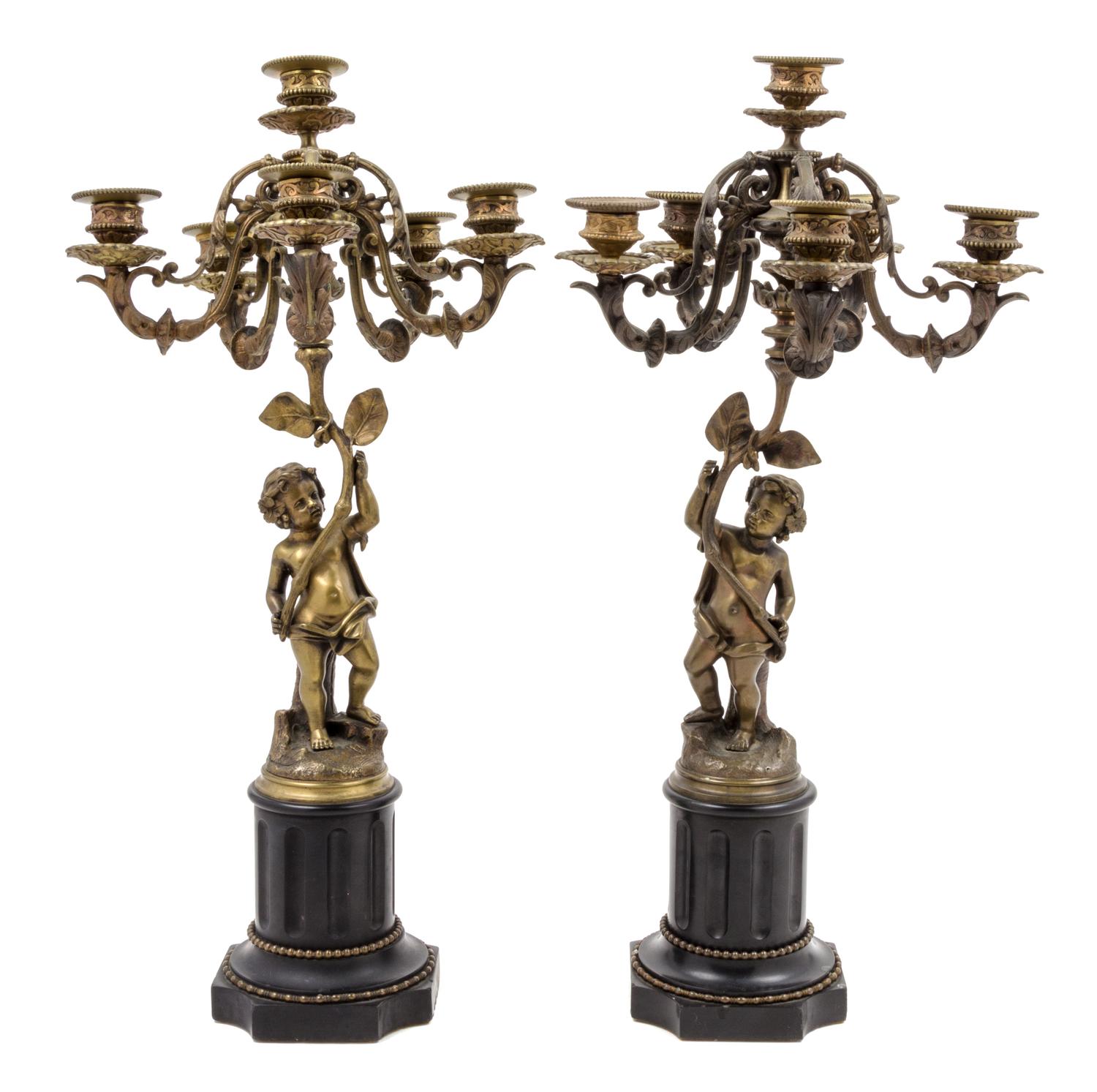 A Pair of Continental Gilt Bronze Figural Candelabra Height 22 inches.