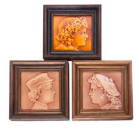 Ten Pottery Tiles Average size: 6 1/2 x 6 1/2 inches.