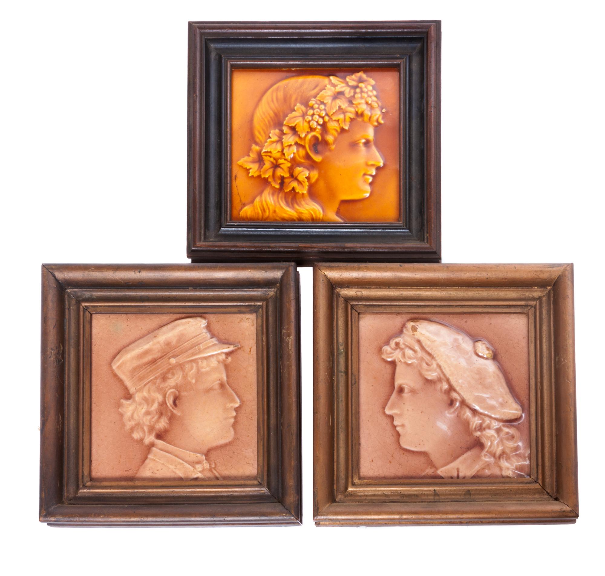 Ten Pottery Tiles Average size: 6 1/2 x 6 1/2 inches.