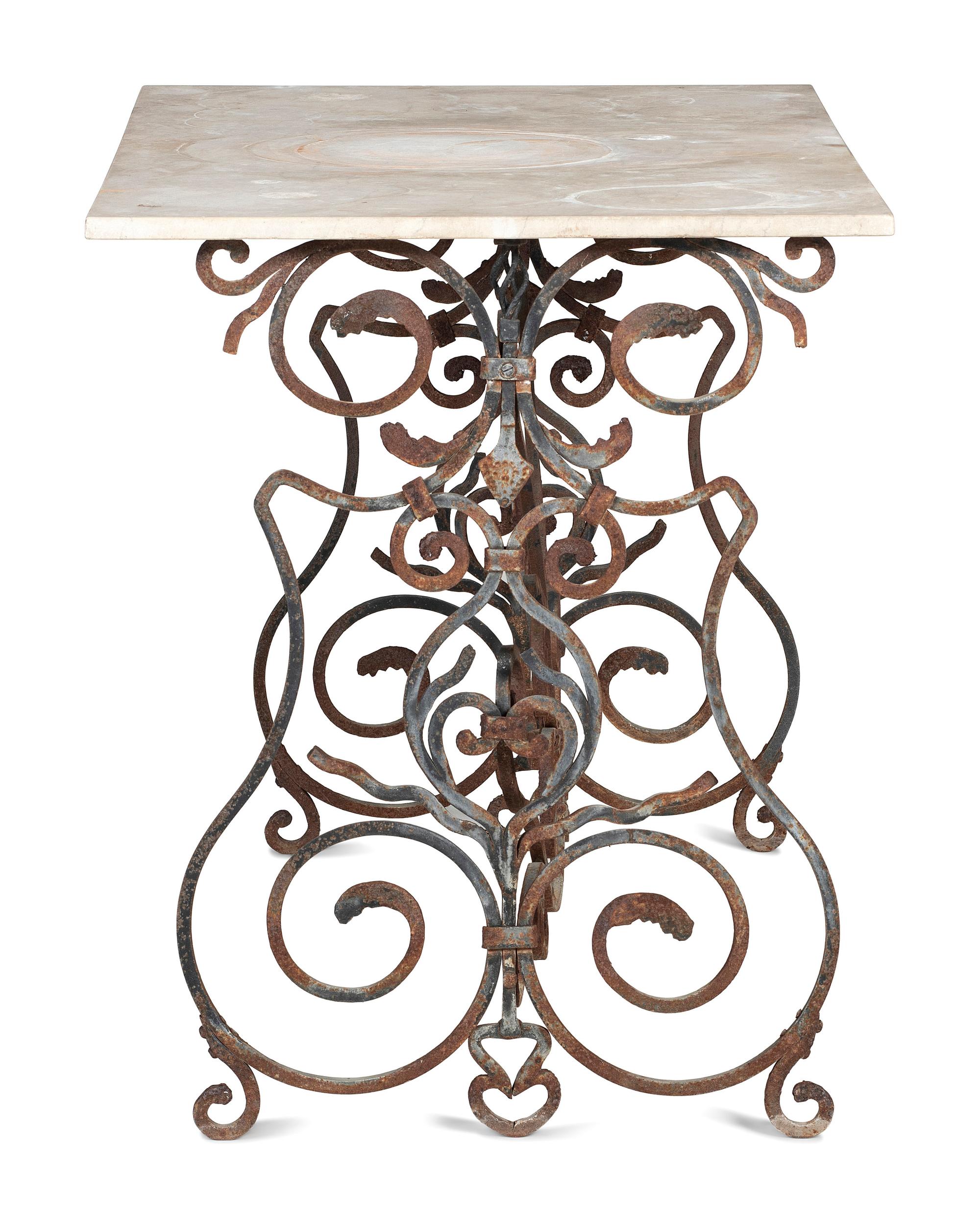 A Wrought Iron Marble Top Console Table