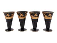 Four Continental Gilt Decorated Dark Amethyst Glass Goblets Depicting Hunting Scenes
