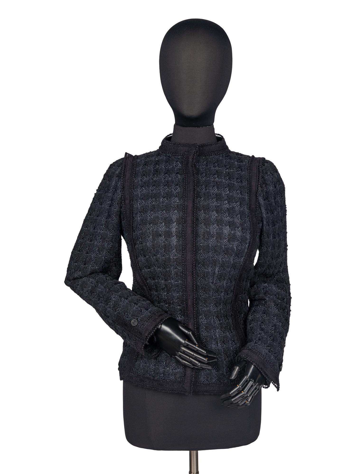 Chanel Black Tweed Jacket Trimmed in Logo Lace
