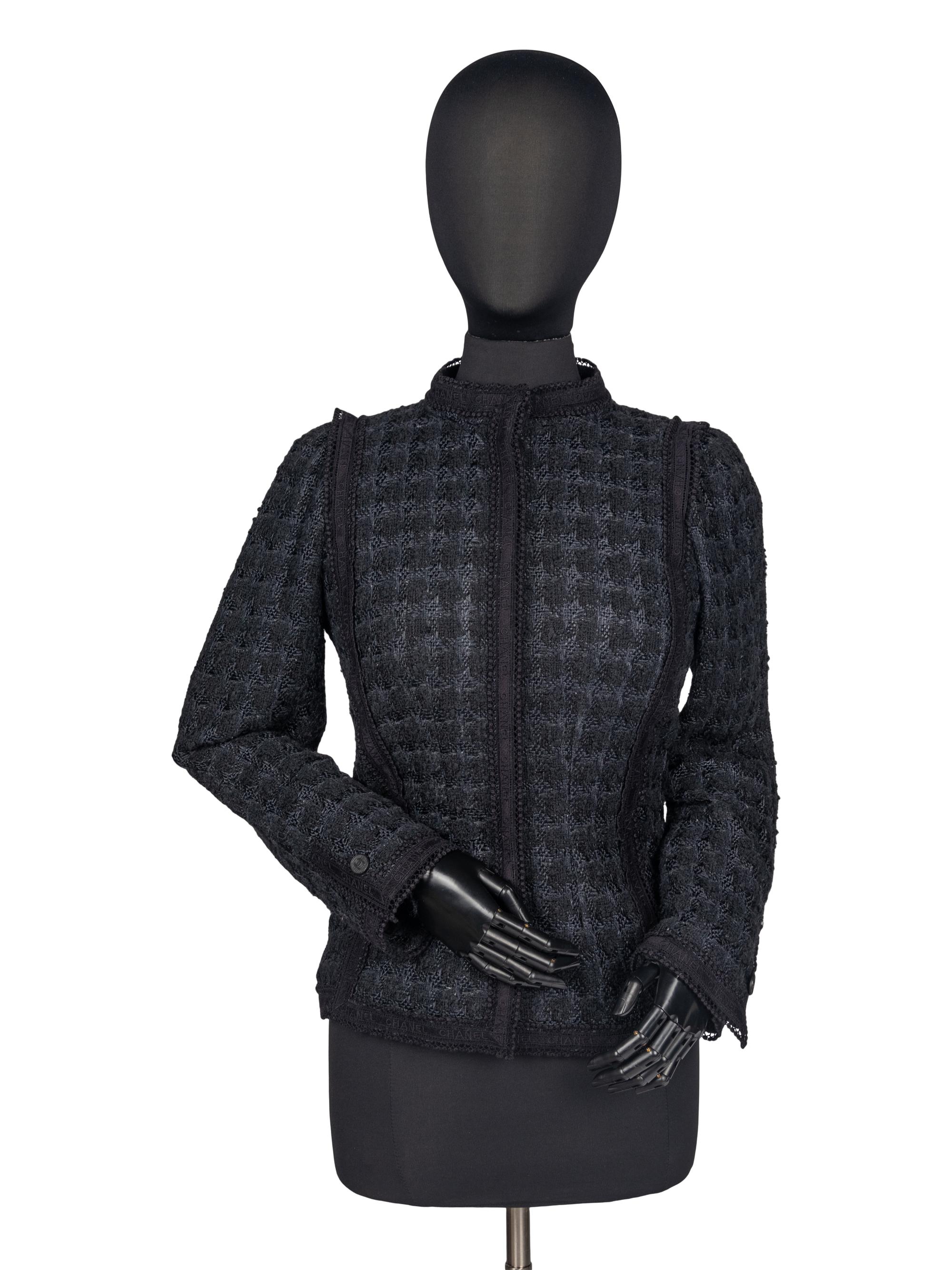 Chanel Black Tweed Jacket Trimmed in Logo Lace