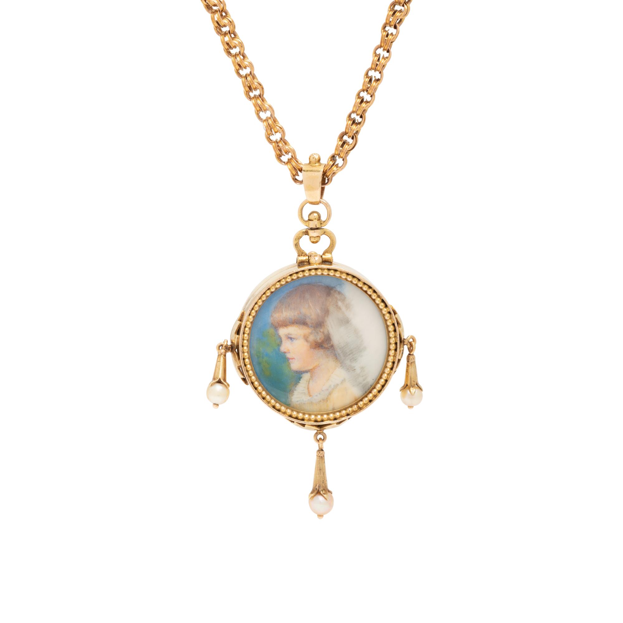YELLOW GOLD, TOPAZ, PEARL AND PORTRAIT NECKLACE