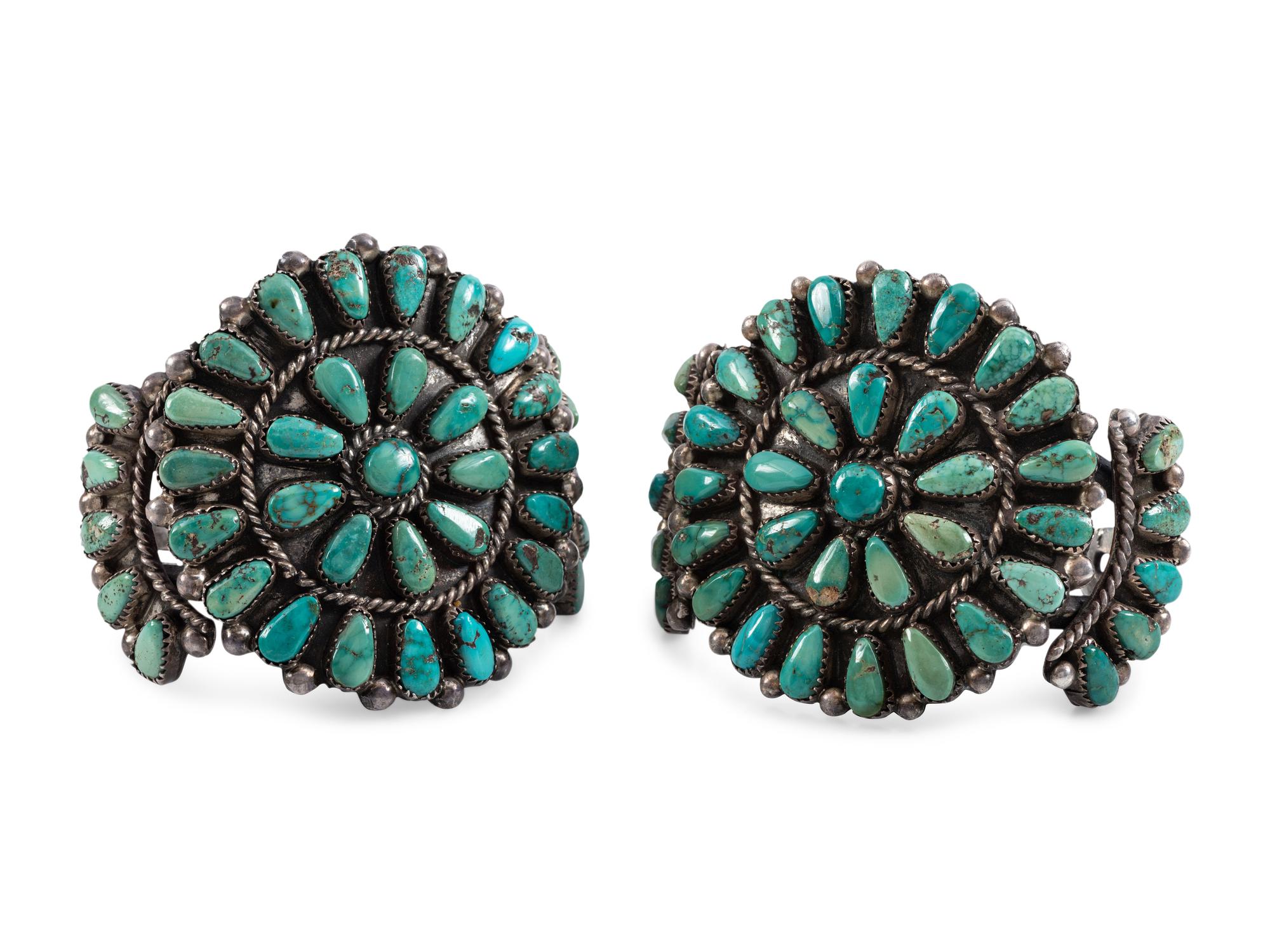 Navajo or Zuni Turquoise Cluster Cuff Bracelets, Matching Pair