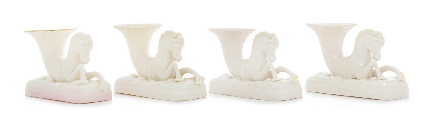 Four Belleek Seahorse Vases Width 5 1/4 inches. — THIRD BLACK MARK AND SIXTH GREEN MARK (1926-1980)