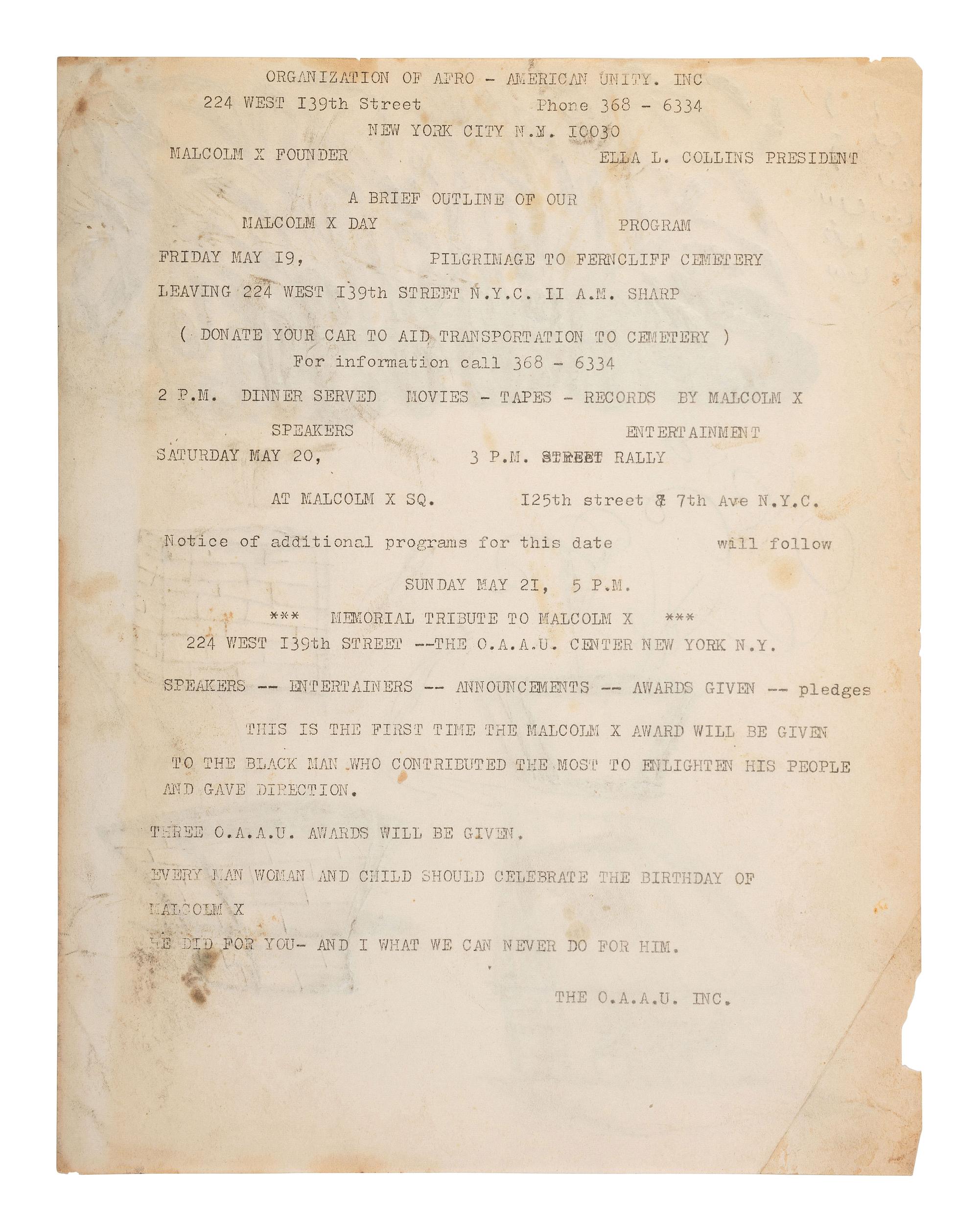 [MALCOLM X (1925-1965)]. A group of items related to Malcolm X and the Organization of Afro-American Unity (OAAU), comprising:
