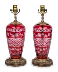 A Pair of Bohemian Glass Vases Mounted as Lamps