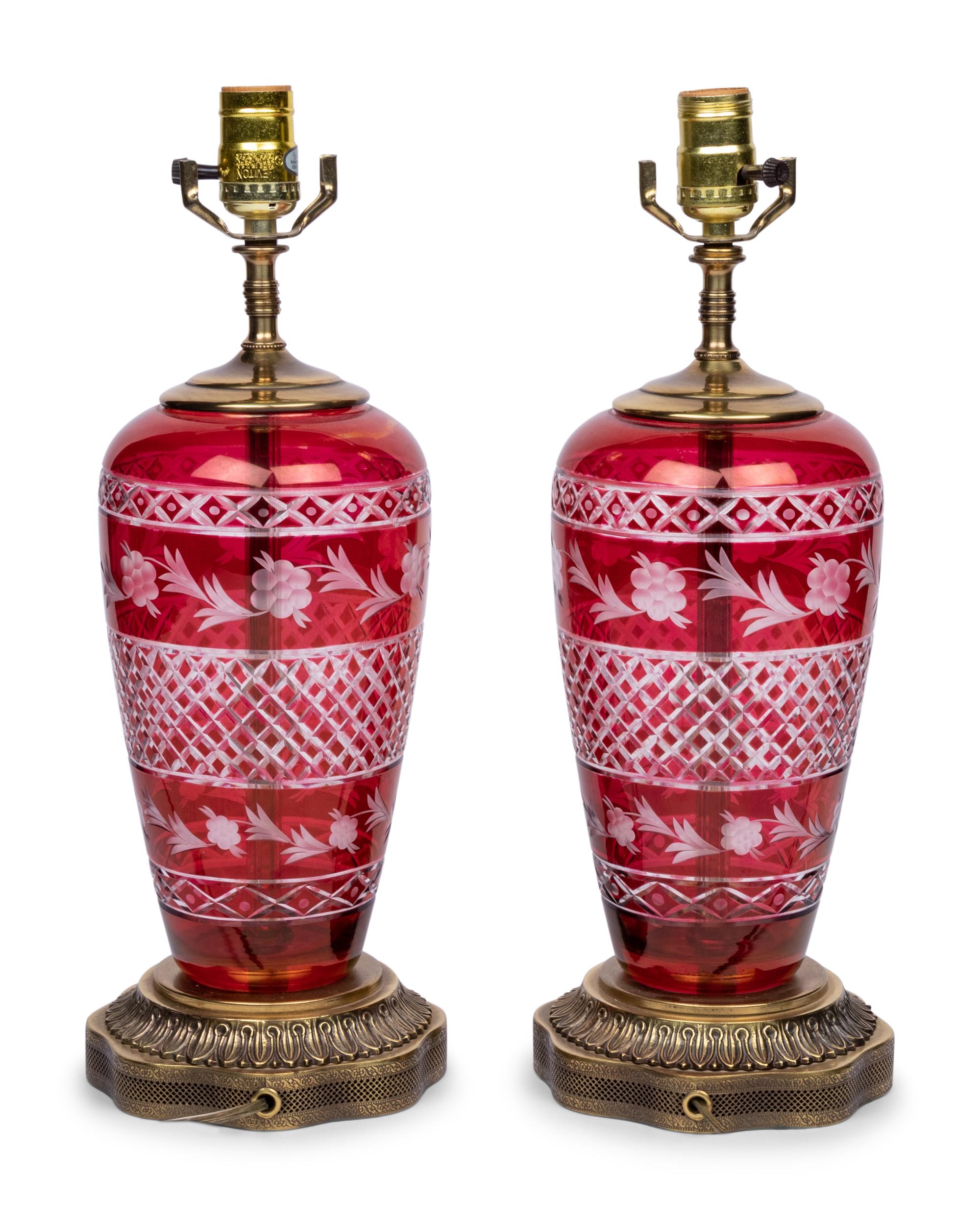 A Pair of Bohemian Glass Vases Mounted as Lamps