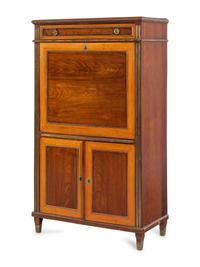 A Baltic Neoclassical Brass Inlaid Mahogany and Satinwood Fall-Front Secretary