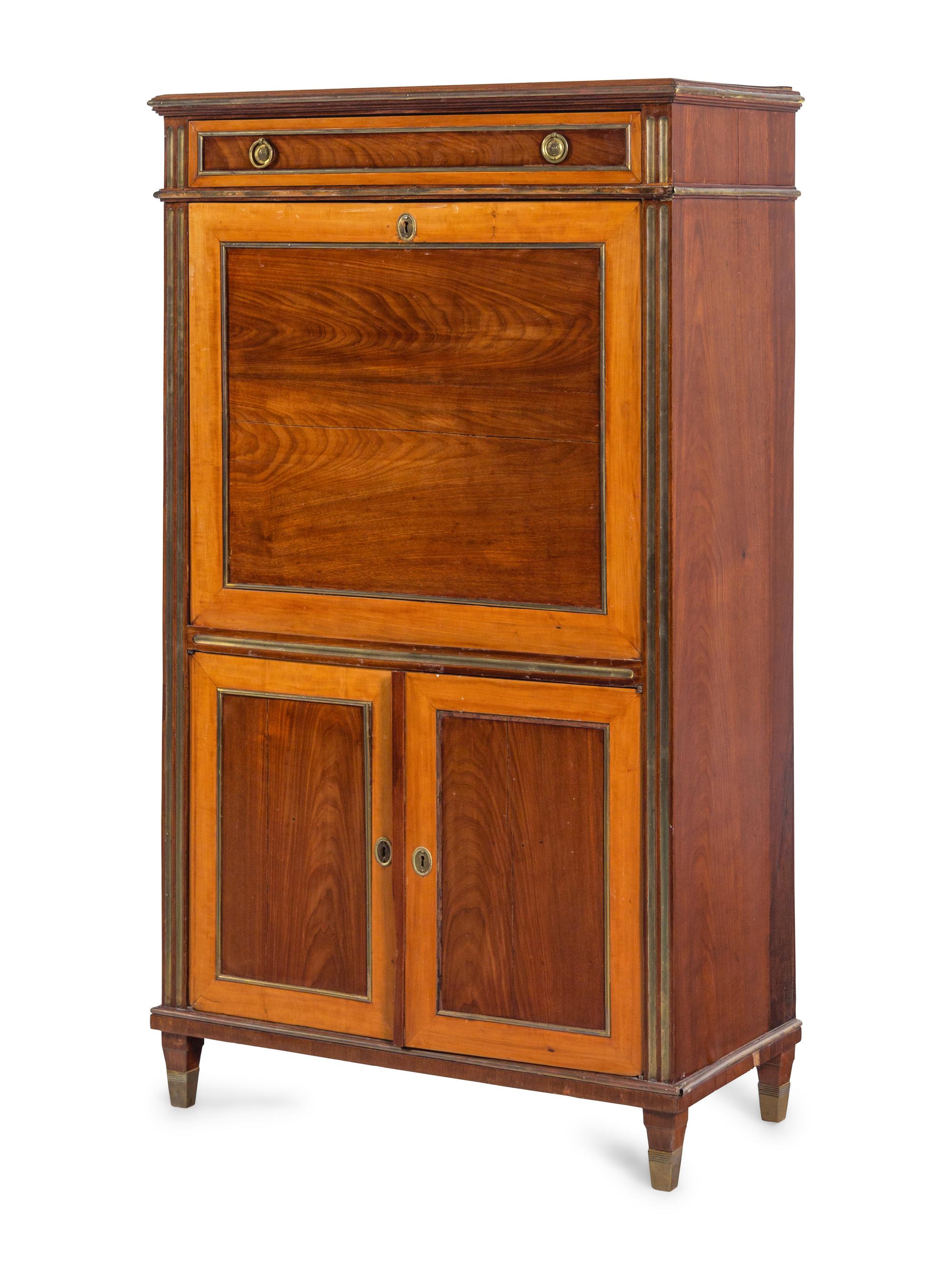 A Baltic Neoclassical Brass Inlaid Mahogany and Satinwood Fall-Front Secretary
