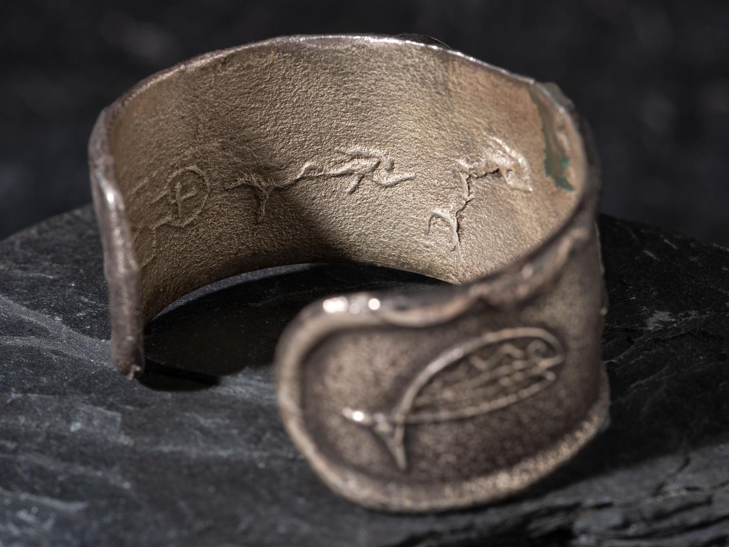 Silver Tufa Cast Fish Cuff, with Turquoise, 1999