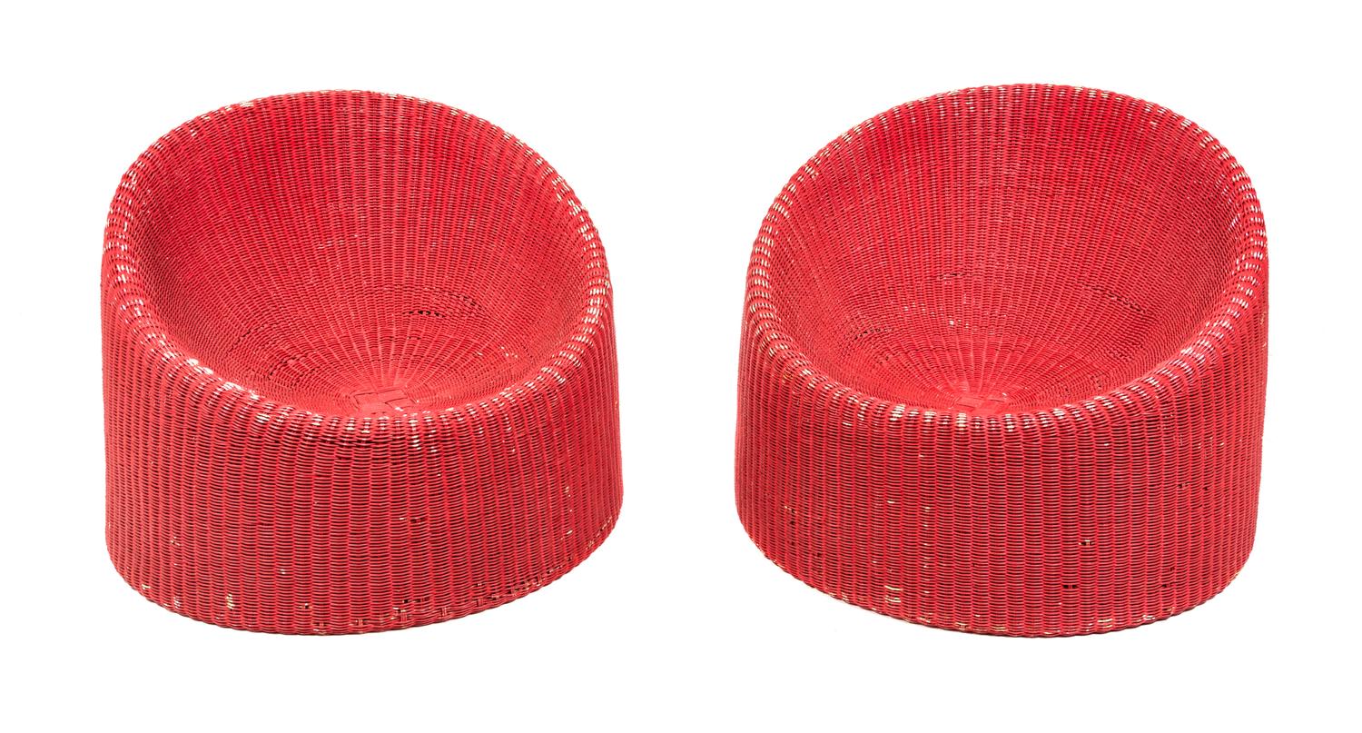 A Pair of Wicker Lounge Chairs, Eero Aarnio Height 26 inches.