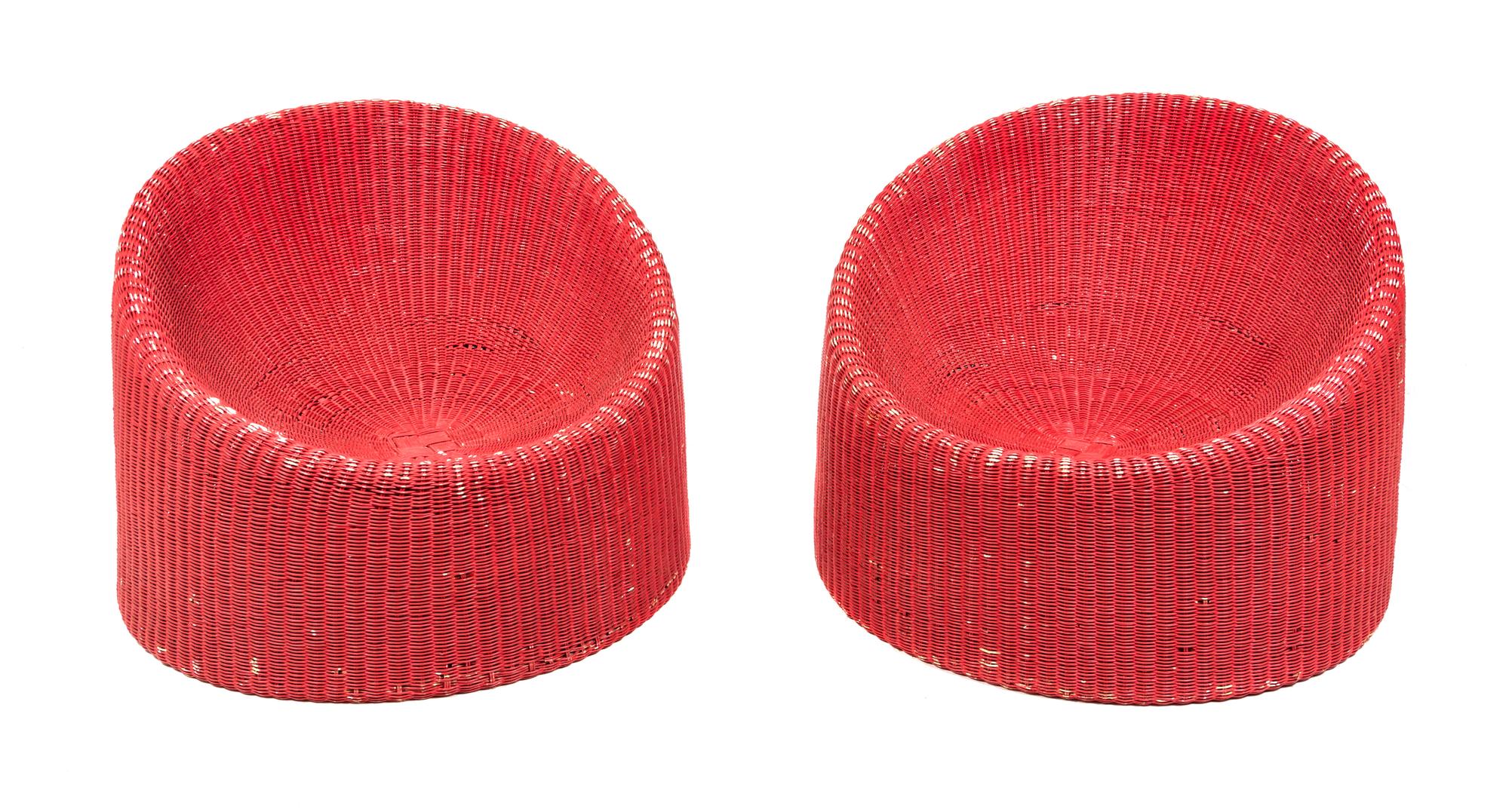 A Pair of Wicker Lounge Chairs, Eero Aarnio Height 26 inches.
