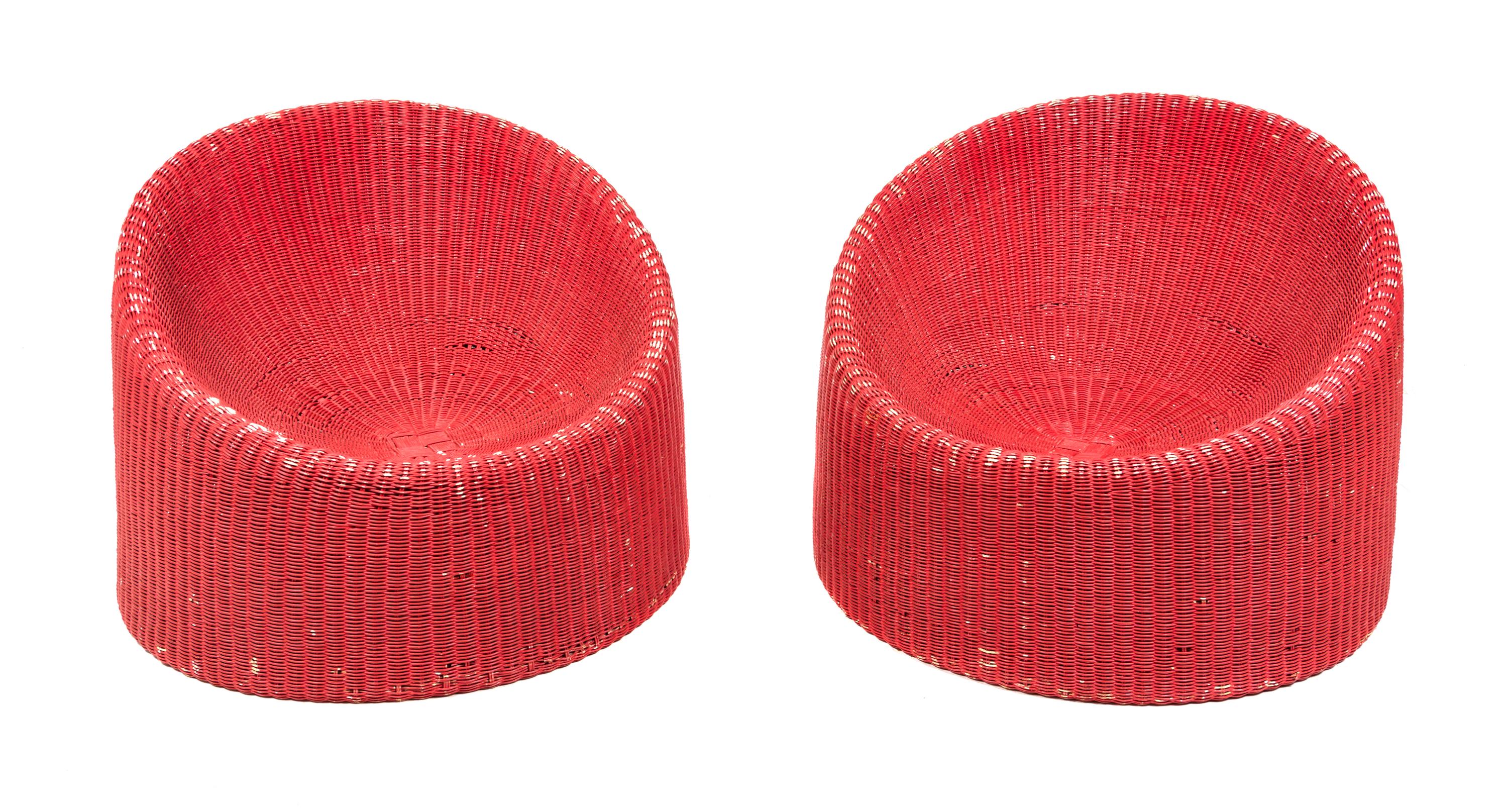 A Pair of Wicker Lounge Chairs, Eero Aarnio Height 26 inches.