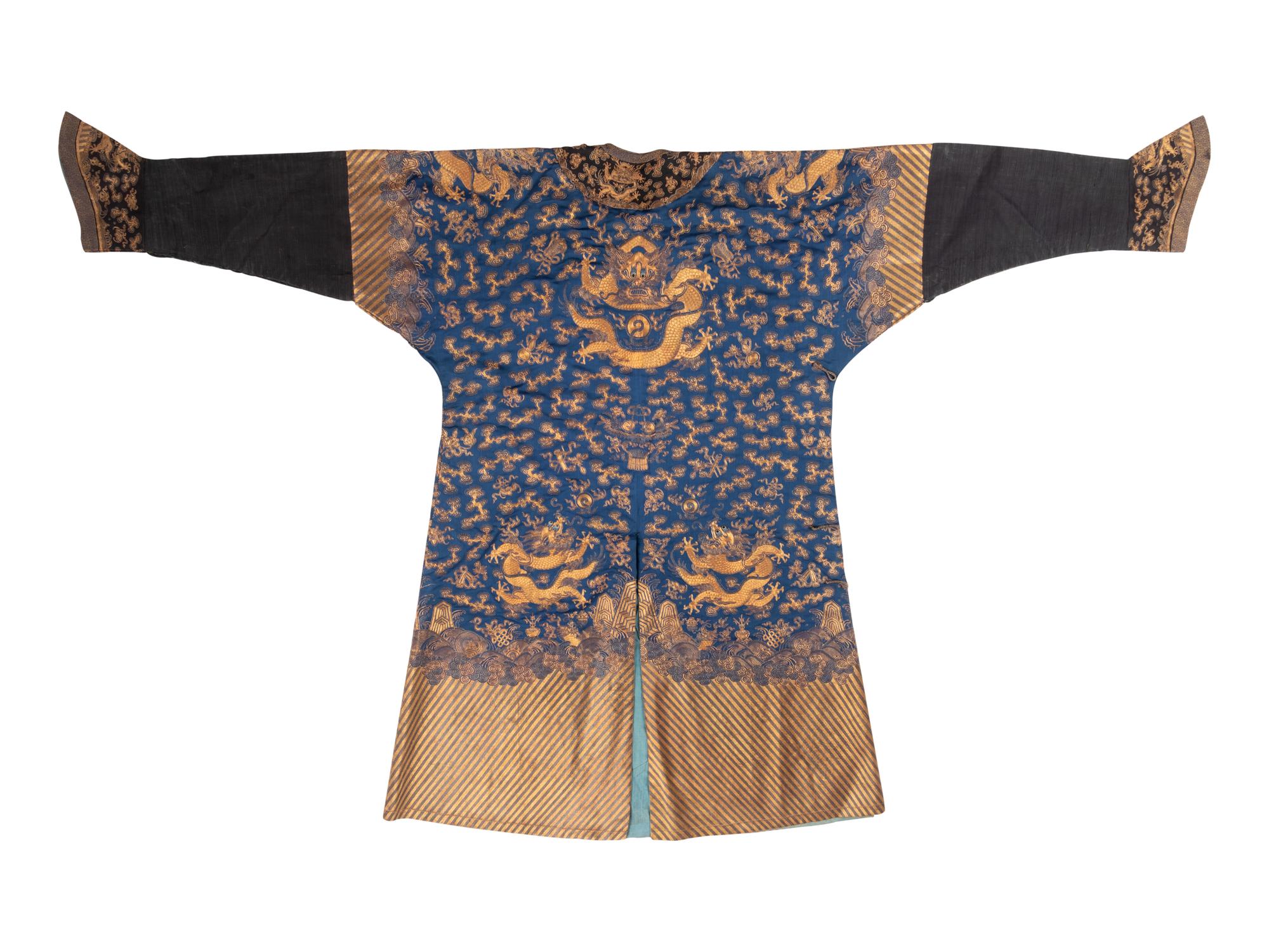 A Blue Ground Embroidered Silk Dragon Robe