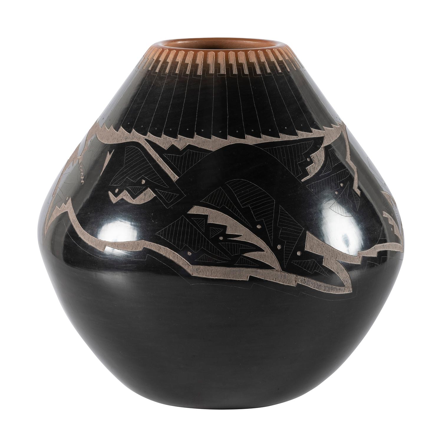 Black and Sienna Sgraffito Pottery Jar