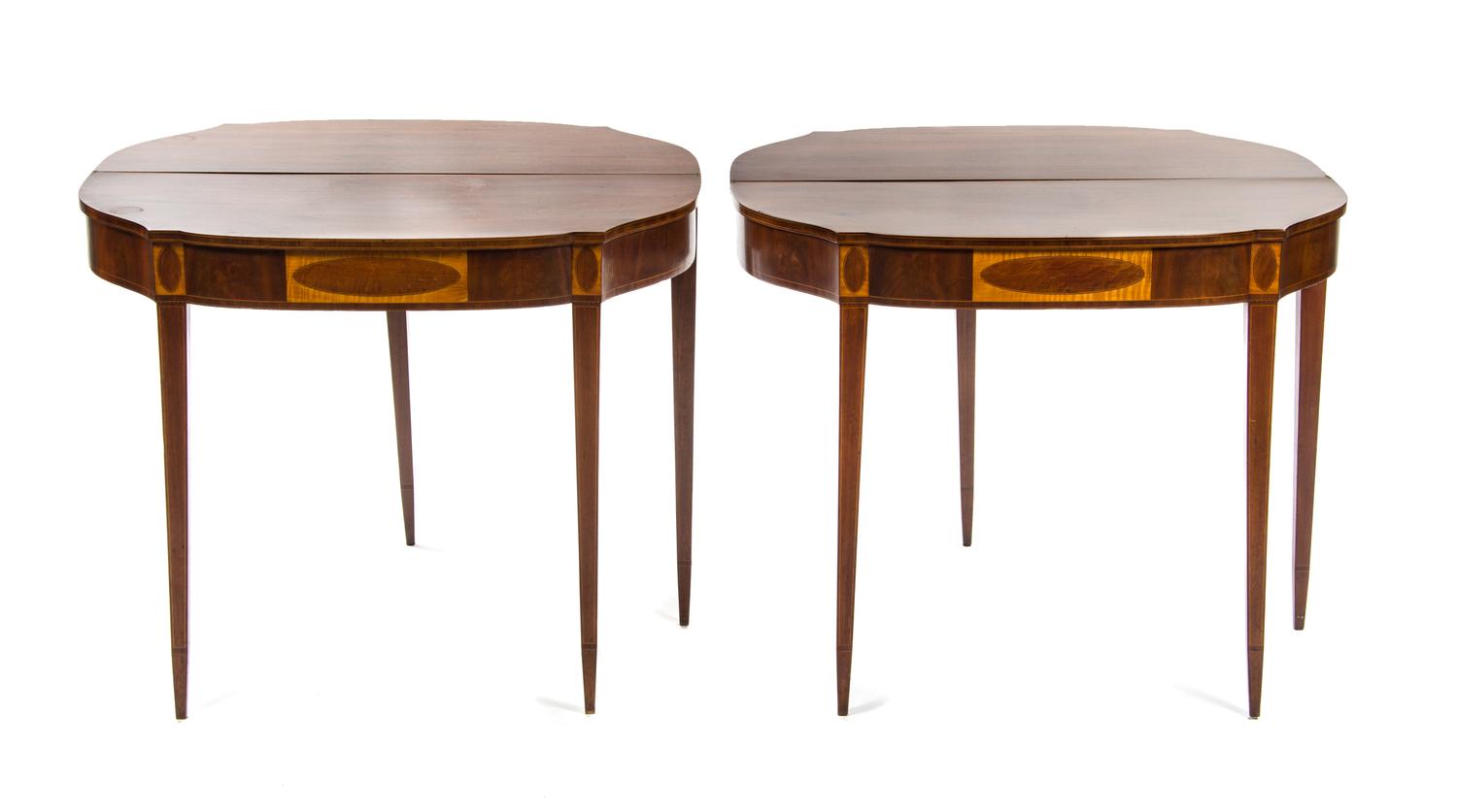 A Pair of Sheraton Mahogany, Satinwood and Oak Flip-Top Tea Tables, EARLY 19TH CENTURY, Height 29 1/4 x width 35 7/8 x depth 17 inches. — EARLY 19TH CENTURY,