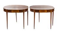 A Pair of Sheraton Mahogany, Satinwood and Oak Flip-Top Tea Tables, EARLY 19TH CENTURY, Height 29 1/4 x width 35 7/8 x depth 17 inches. — EARLY 19TH CENTURY,