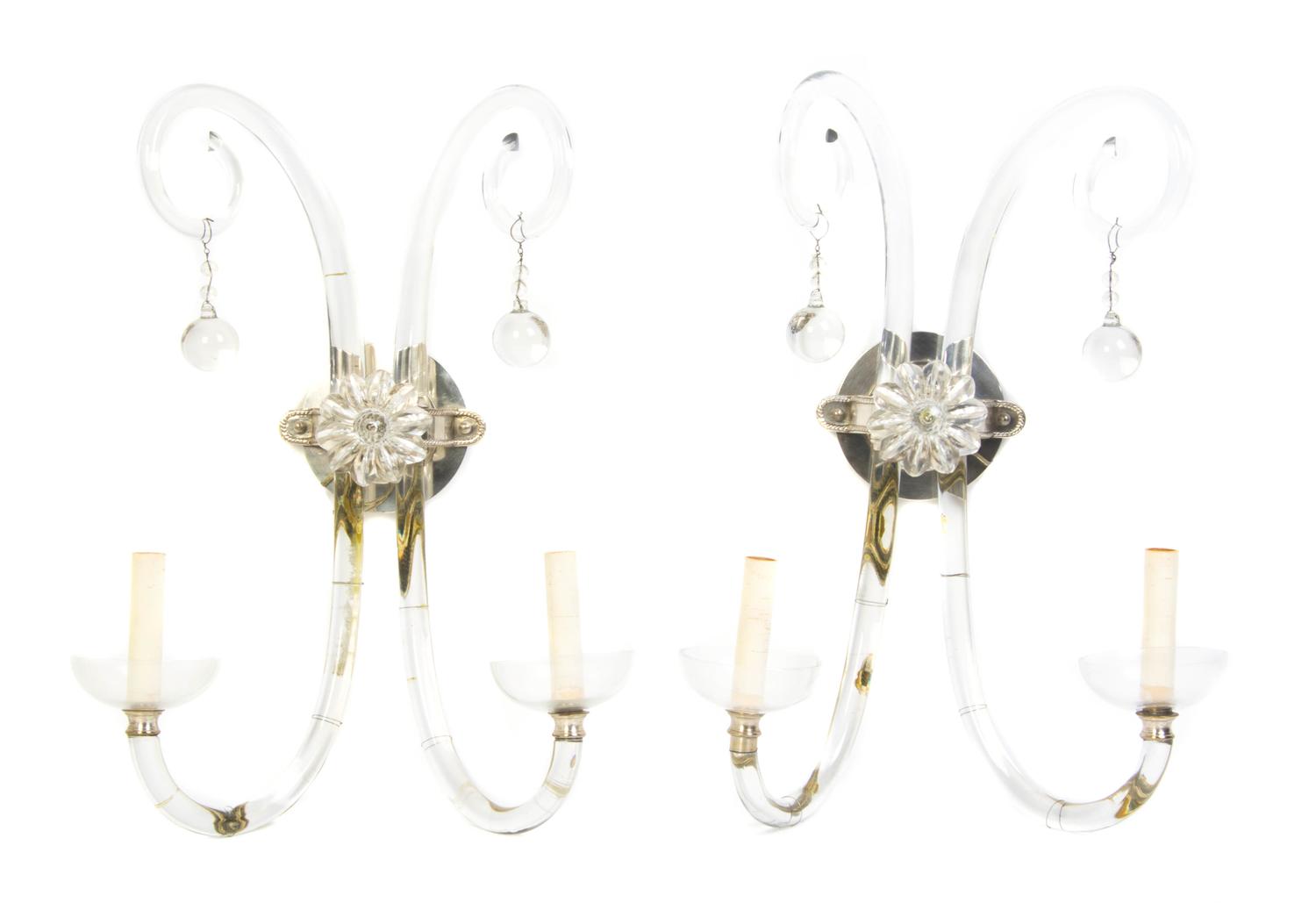 A Pair of Continental Cut Glass Two-Light Sconces, Height 21 inches.