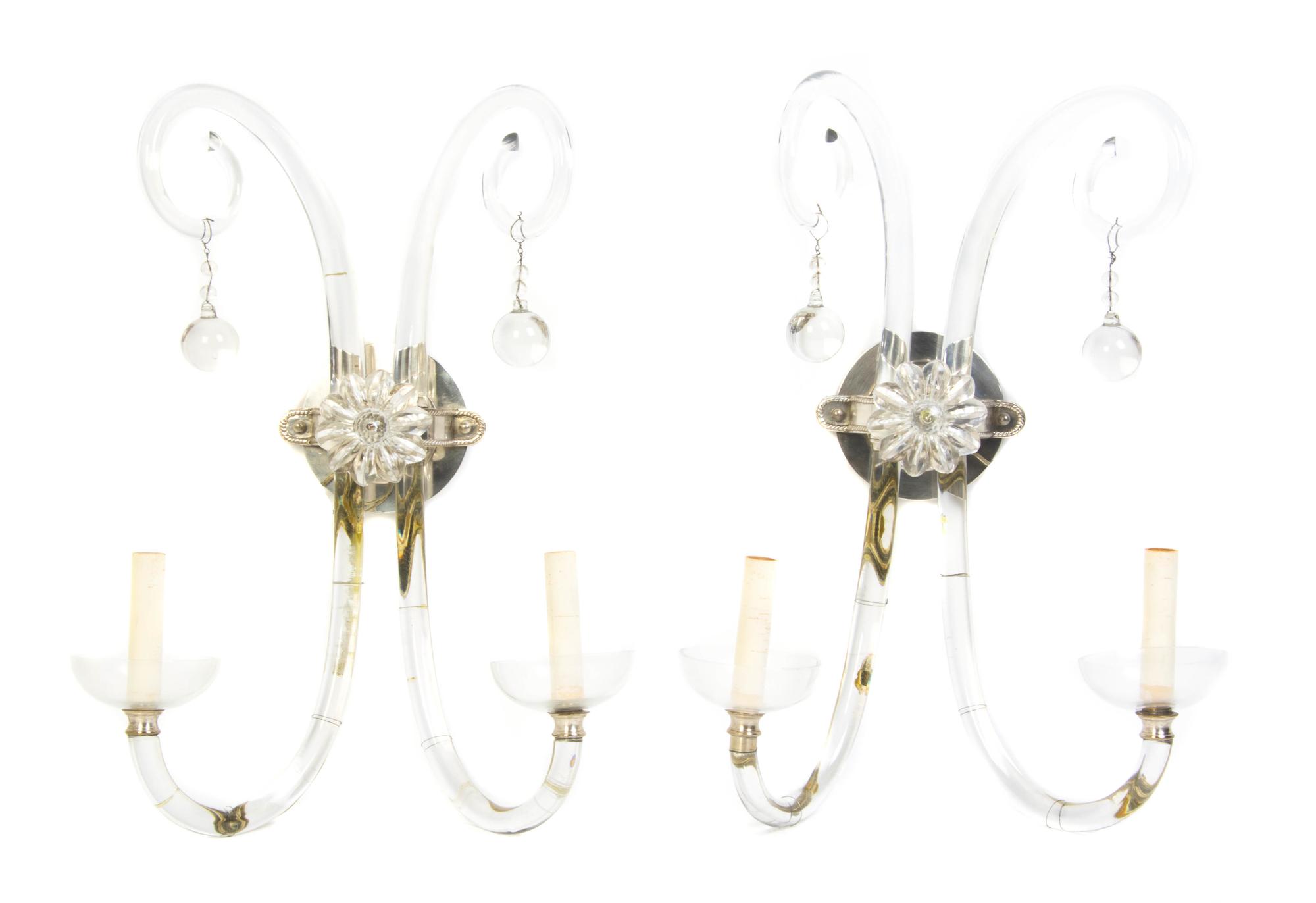 A Pair of Continental Cut Glass Two-Light Sconces, Height 21 inches.
