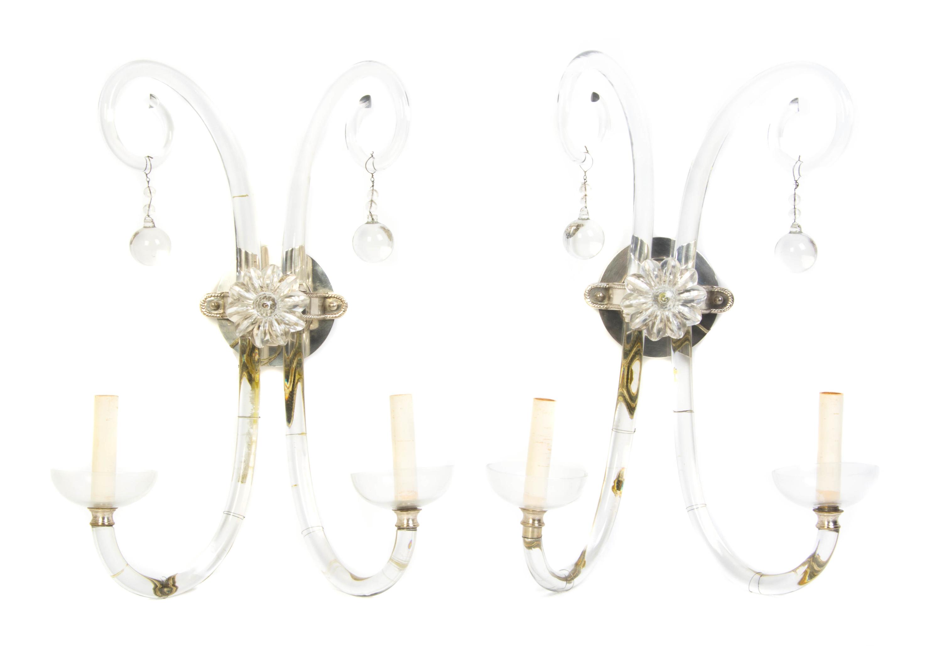A Pair of Continental Cut Glass Two-Light Sconces, Height 21 inches.