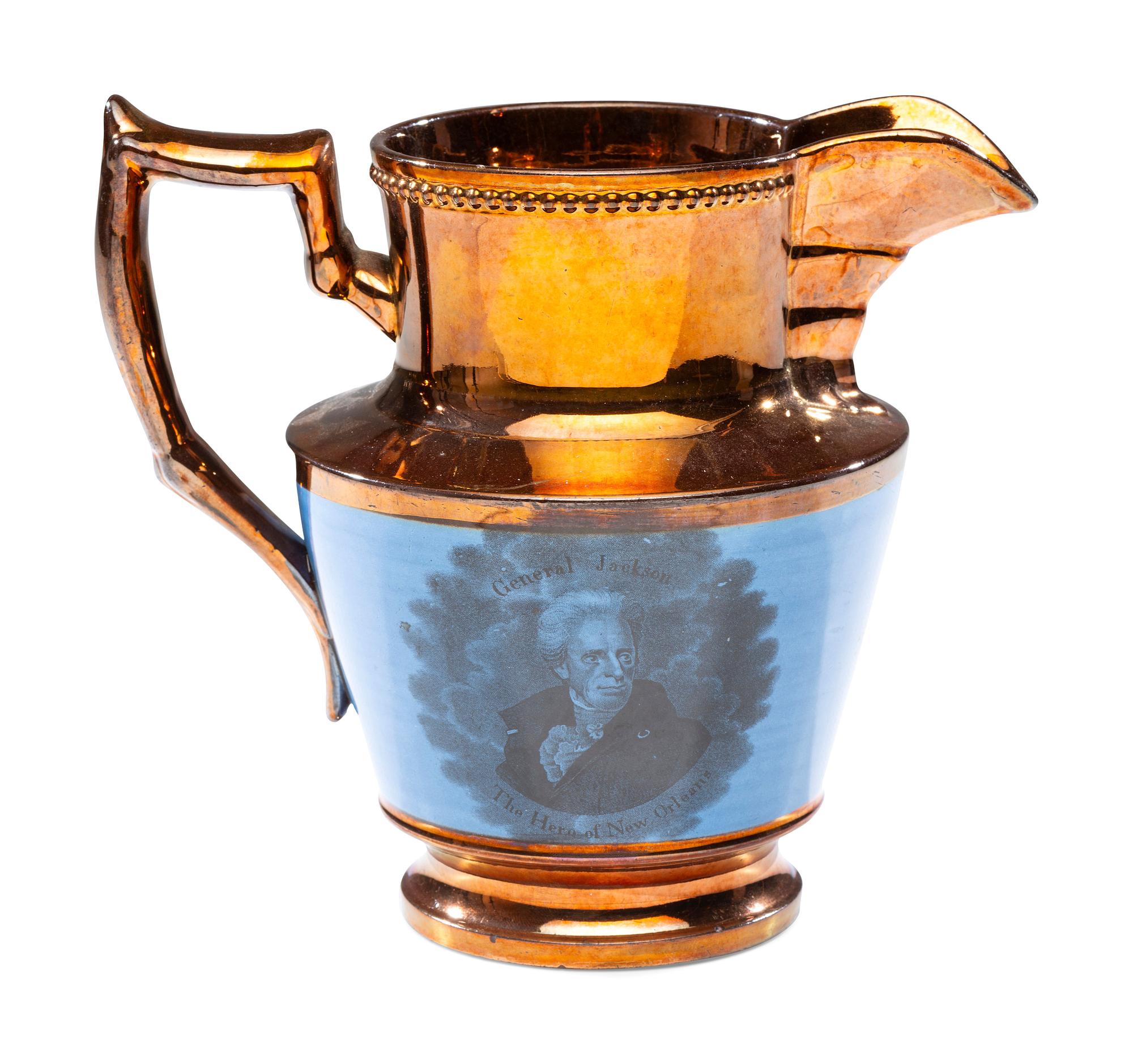 A Staffordshire Transfer-Printed Copper Lustre 'General Jackson Hero of New Orleans' Pitcher