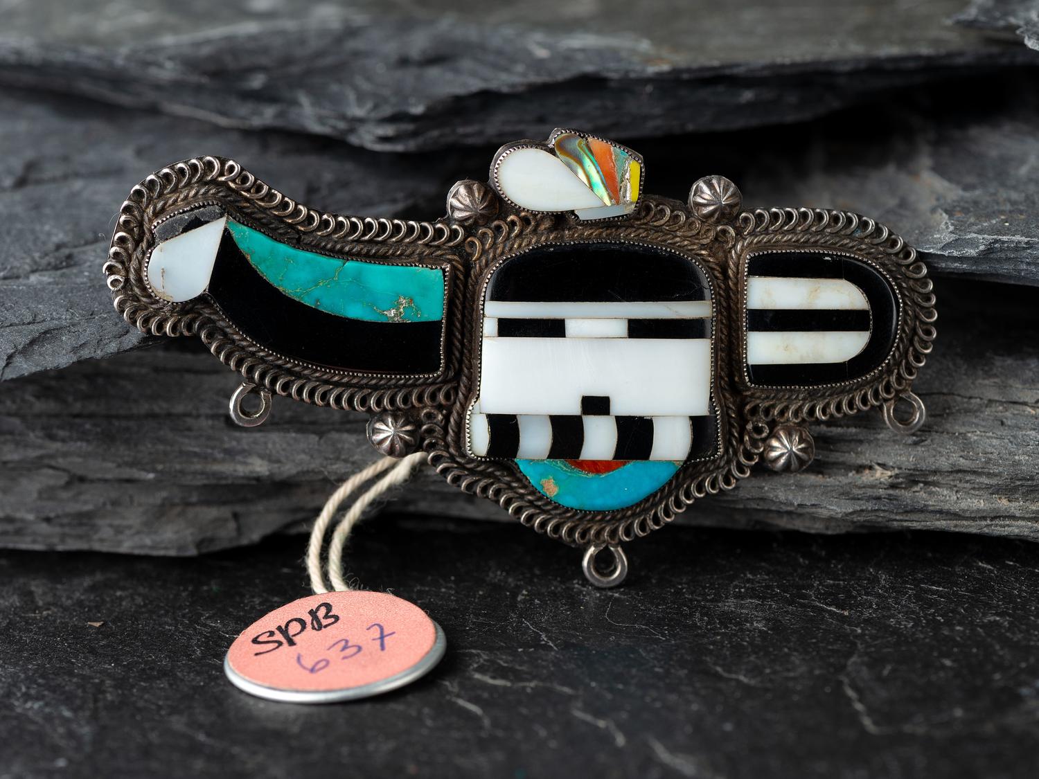 Zuni Mosaic Inlay Longhorn Katsina Pin / Brooch, ex CG Wallace Collection