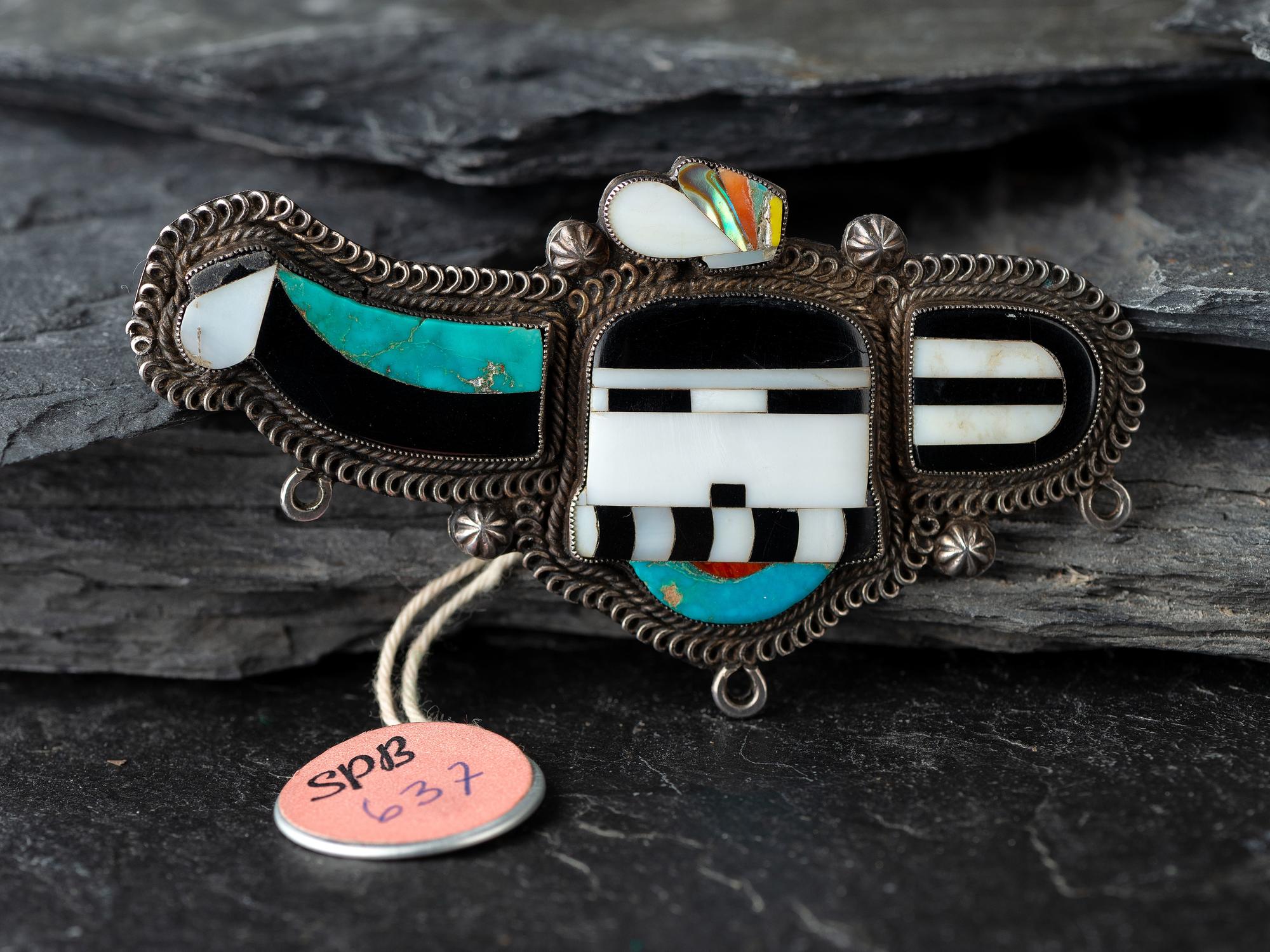 Zuni Mosaic Inlay Longhorn Katsina Pin / Brooch, ex CG Wallace Collection