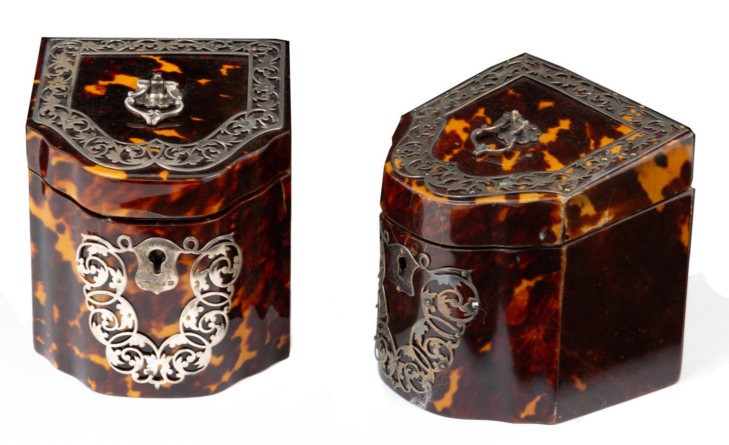 Two Victorian Silver-Mounted Tortoise Shell Tea Caddies Height 4 x width 3 1/2 inches. — 19TH CENTURY