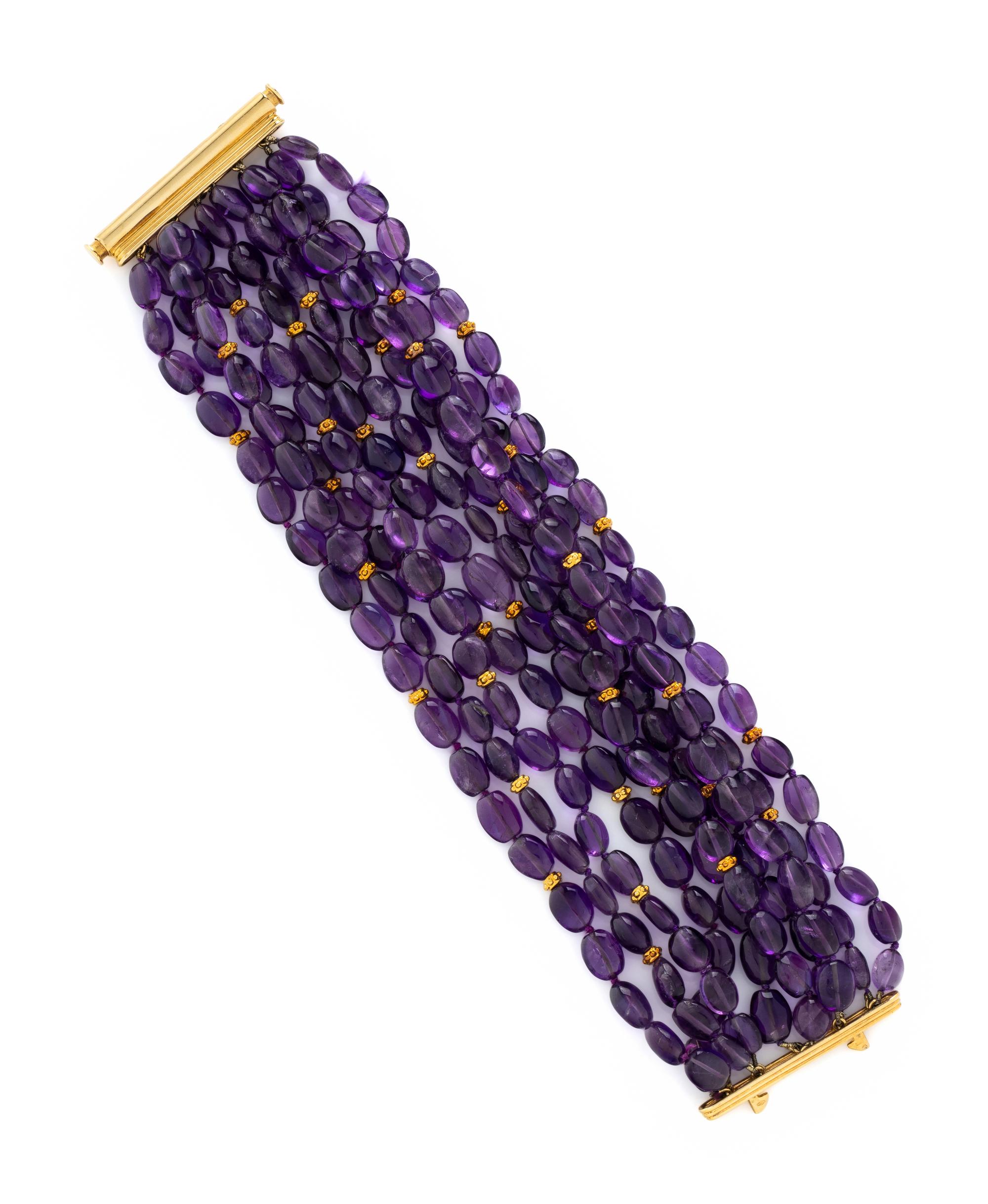 ITALIAN, AMETHYST AND YELLOW GOLD BEADED TORSADE BRACELET