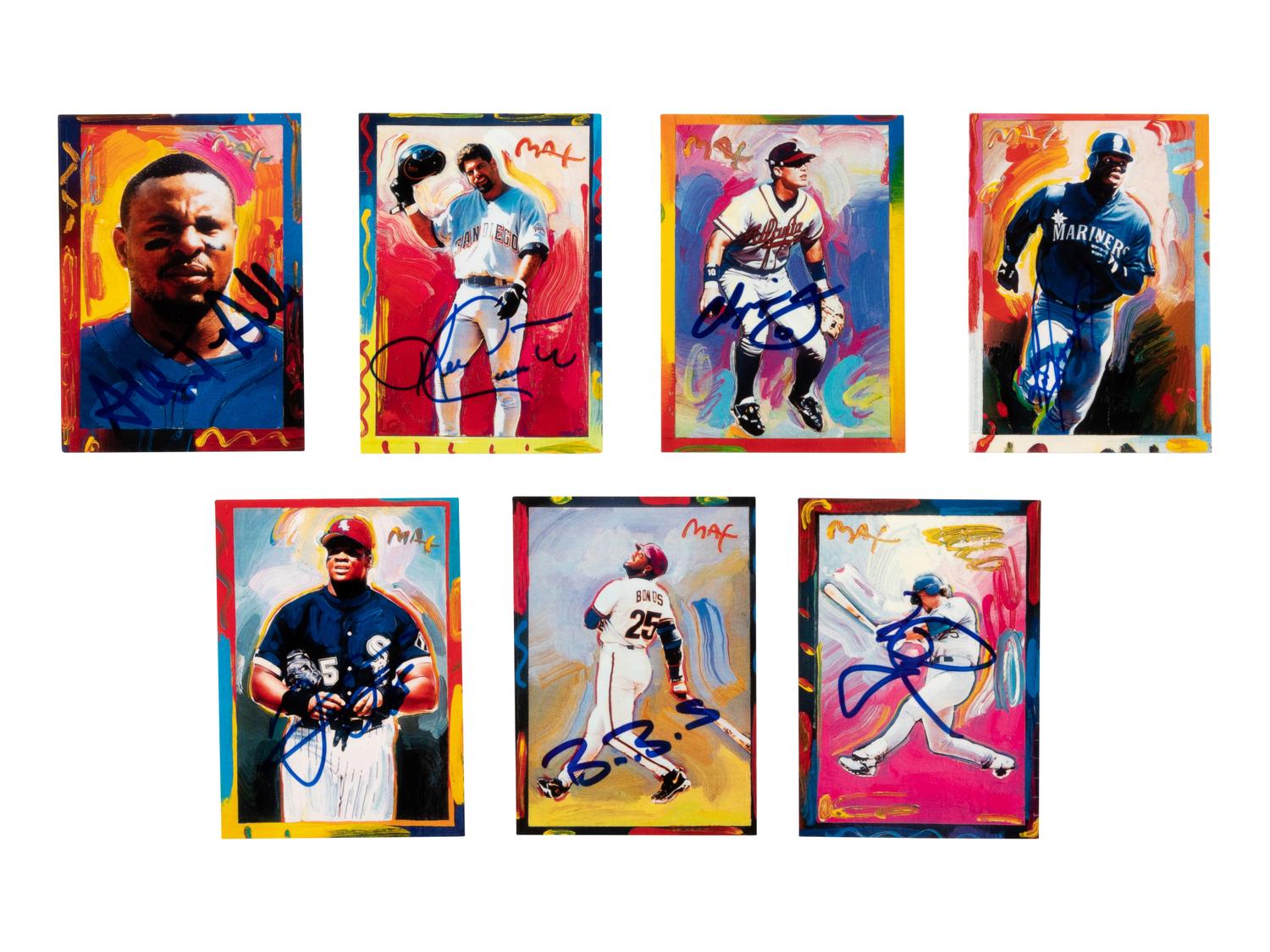 A Group of 7 Signed 1997 Topps Gallery Peter Max Baseball Cards,