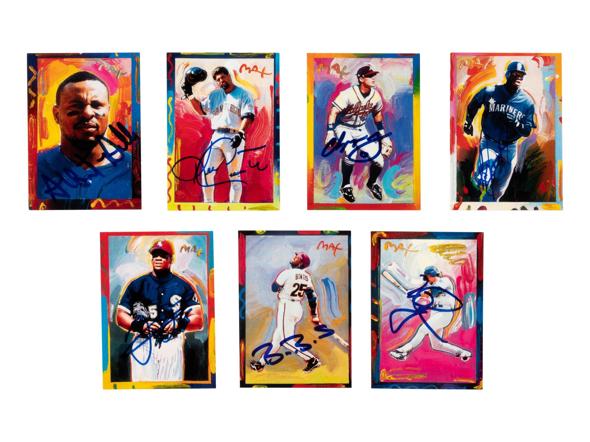 A Group of 7 Signed 1997 Topps Gallery Peter Max Baseball Cards,
