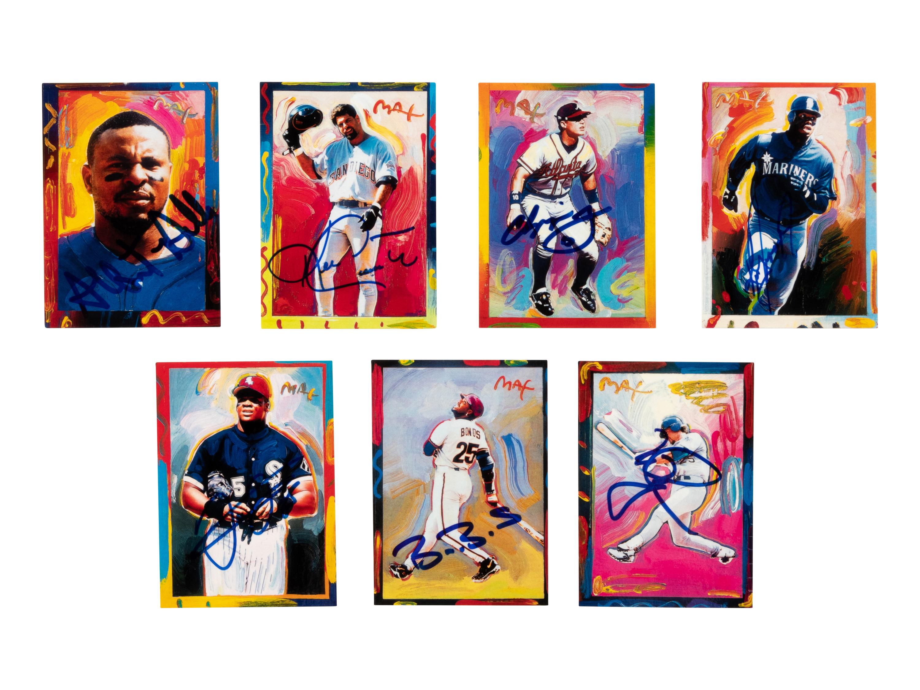 A Group of 7 Signed 1997 Topps Gallery Peter Max Baseball Cards,