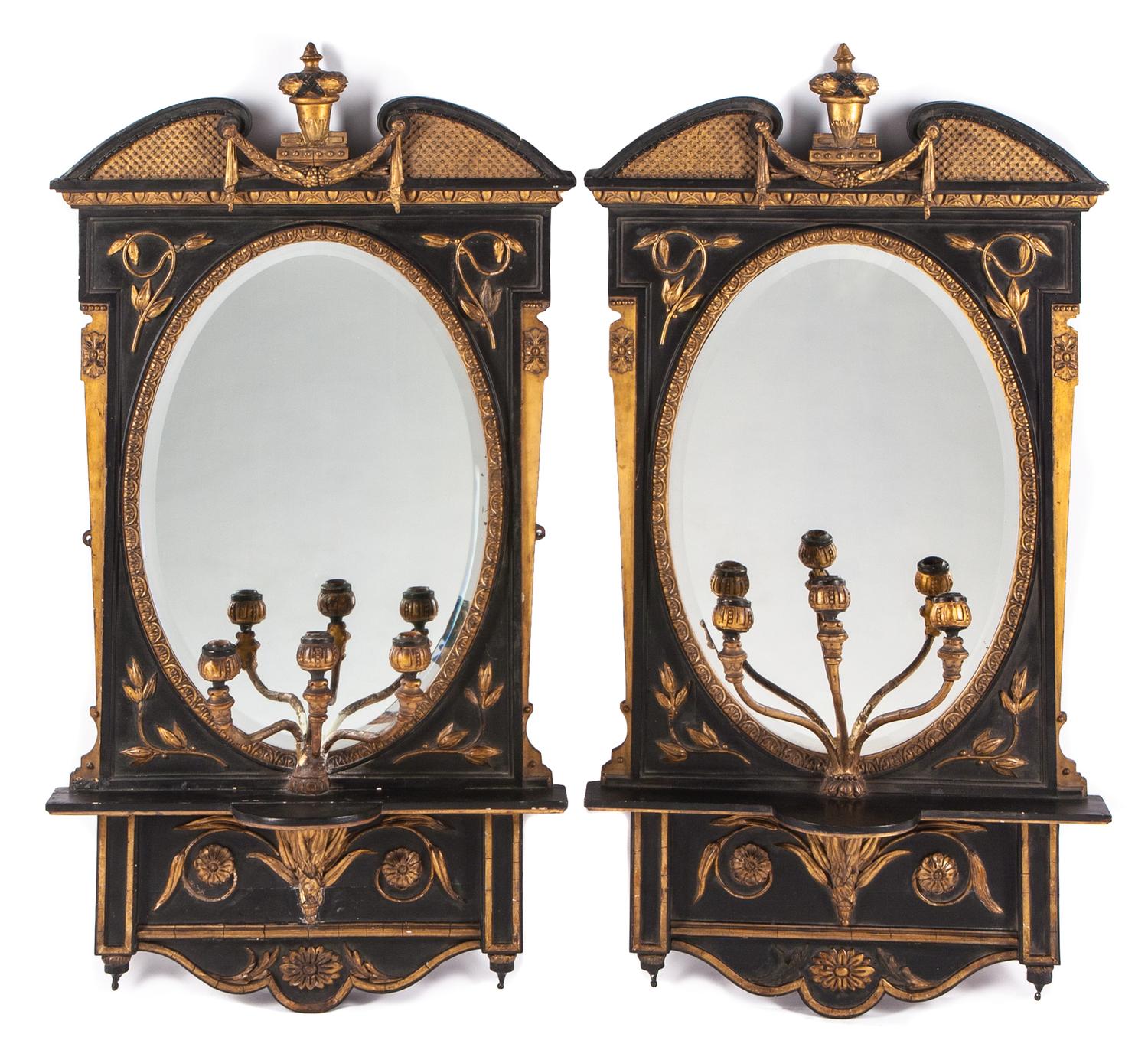 A Pair of English Ebonized and Parcel Gilt Girandole Mirrors Height 48 x width 27 inches. — 19TH CENTURY