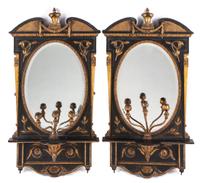 A Pair of English Ebonized and Parcel Gilt Girandole Mirrors Height 48 x width 27 inches. — 19TH CENTURY