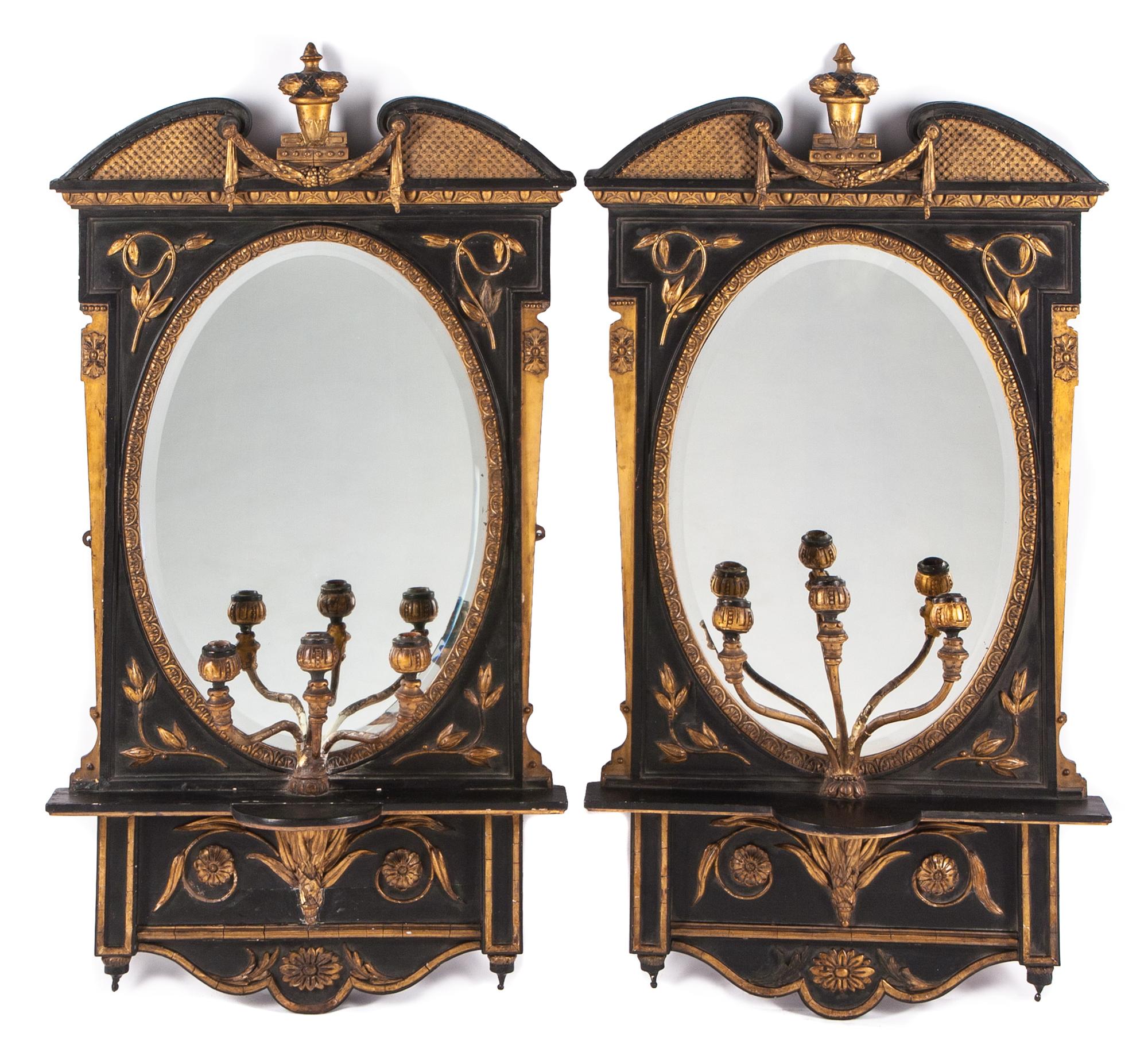 A Pair of English Ebonized and Parcel Gilt Girandole Mirrors Height 48 x width 27 inches. — 19TH CENTURY