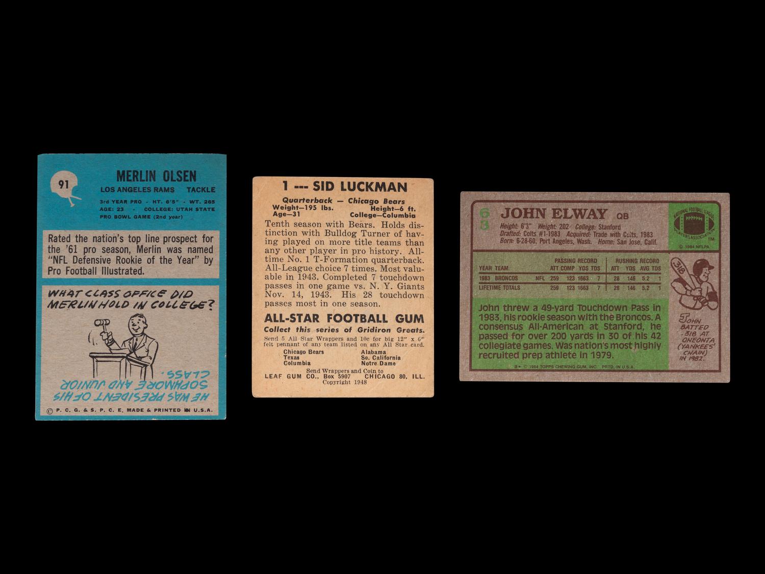 A Group of 27 Assorted Football Hall of Fame Football Cards (Including John Elway, Sid Luckman and Merlin Olsen Rookies),
