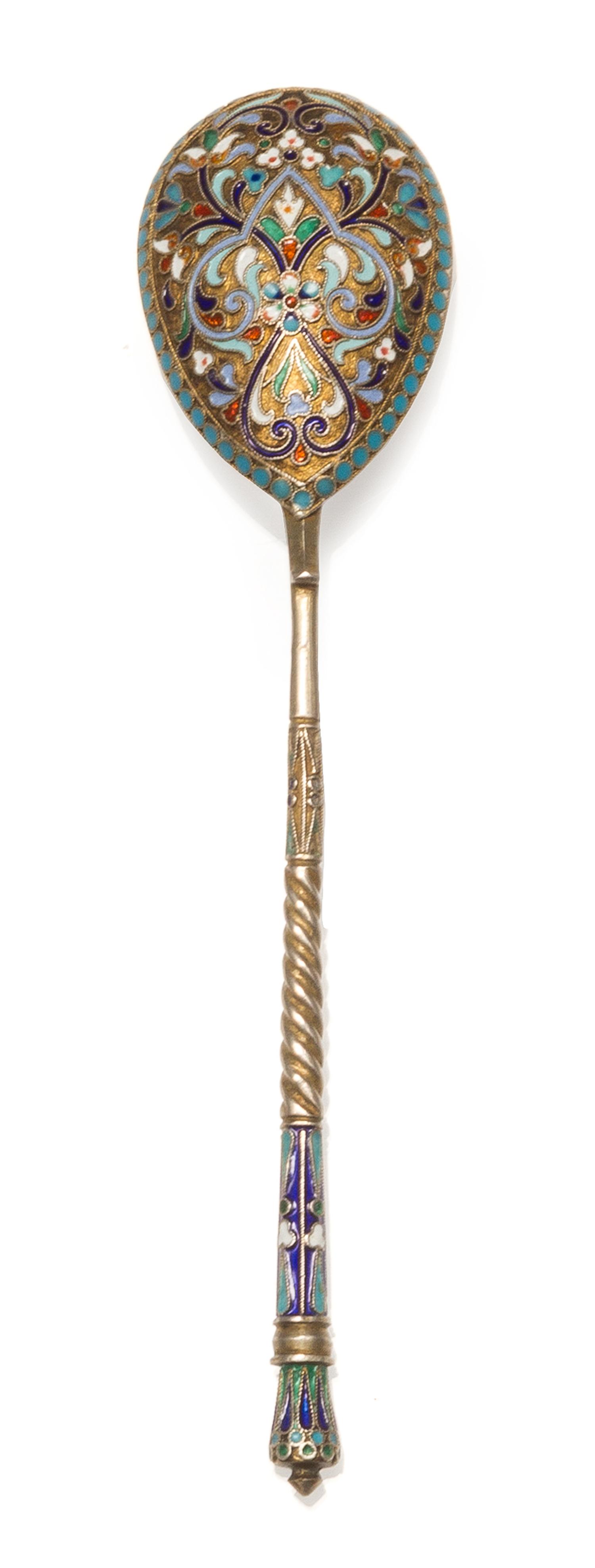 A Russian Silver and Enamel Spoon, Mark of D.P. Nikitin, Moscow, early 20th century, having an enamel finial, the underside of the bowl