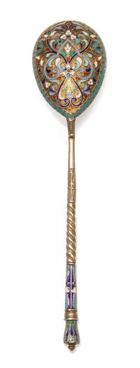 A Russian Silver and Enamel Spoon, Mark of D.P. Nikitin, Moscow, early 20th century, having an enamel finial, the underside of the bowl