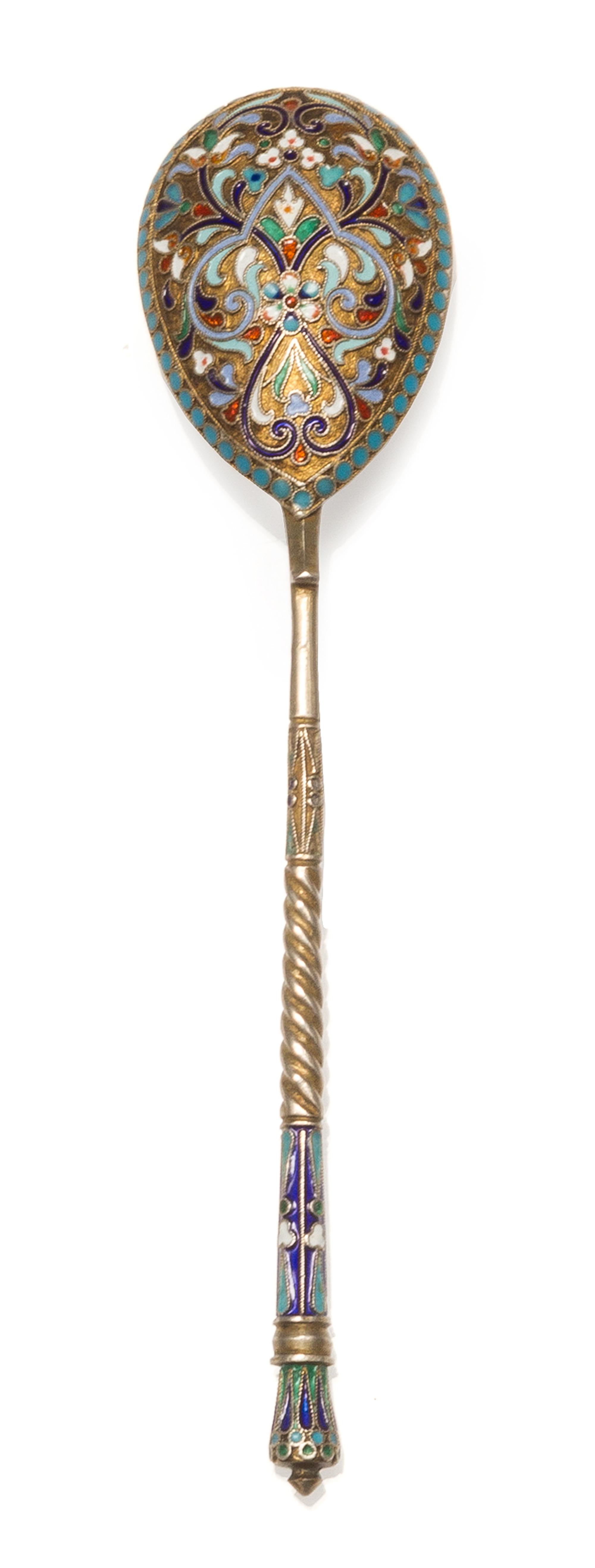 A Russian Silver and Enamel Spoon, Mark of D.P. Nikitin, Moscow, early 20th century, having an enamel finial, the underside of the bowl