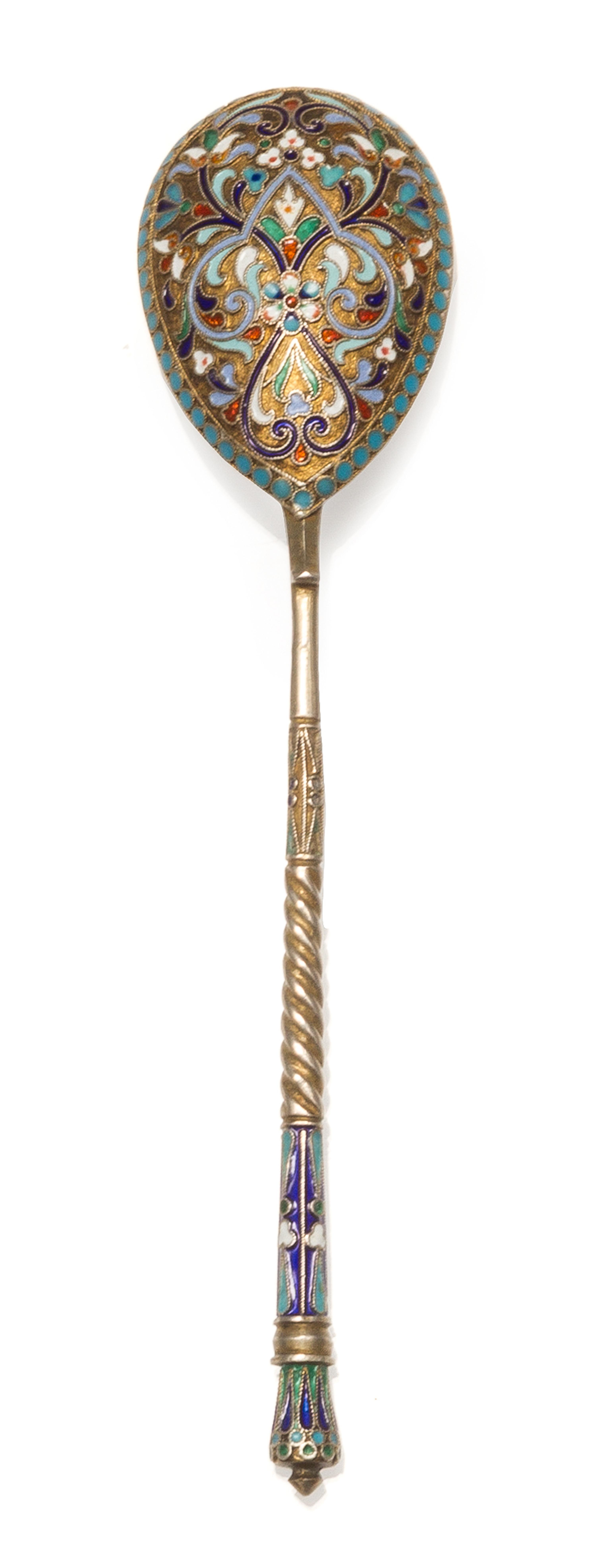 A Russian Silver and Enamel Spoon, Mark of D.P. Nikitin, Moscow, early 20th century, having an enamel finial, the underside of the bowl
